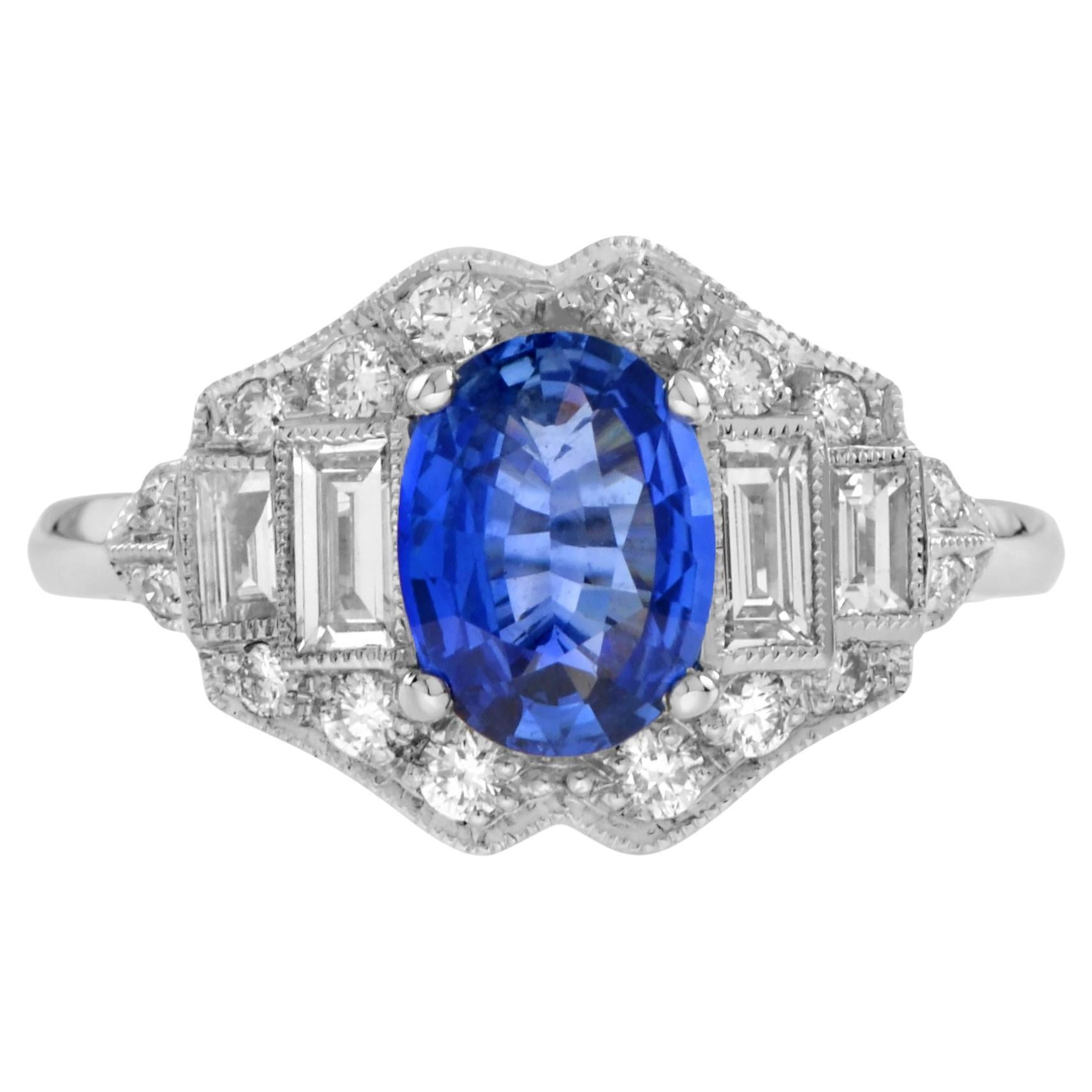 Blue Oval Shape Sapphire & Diamond Art Deco Style Engagement 14K White Gold Ring For Sale