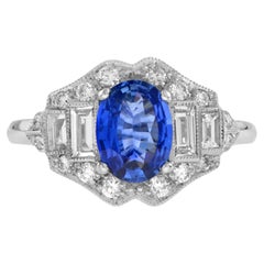 Blue Oval Shape Sapphire & Diamond Art Deco Style Engagement 14K White Gold Ring