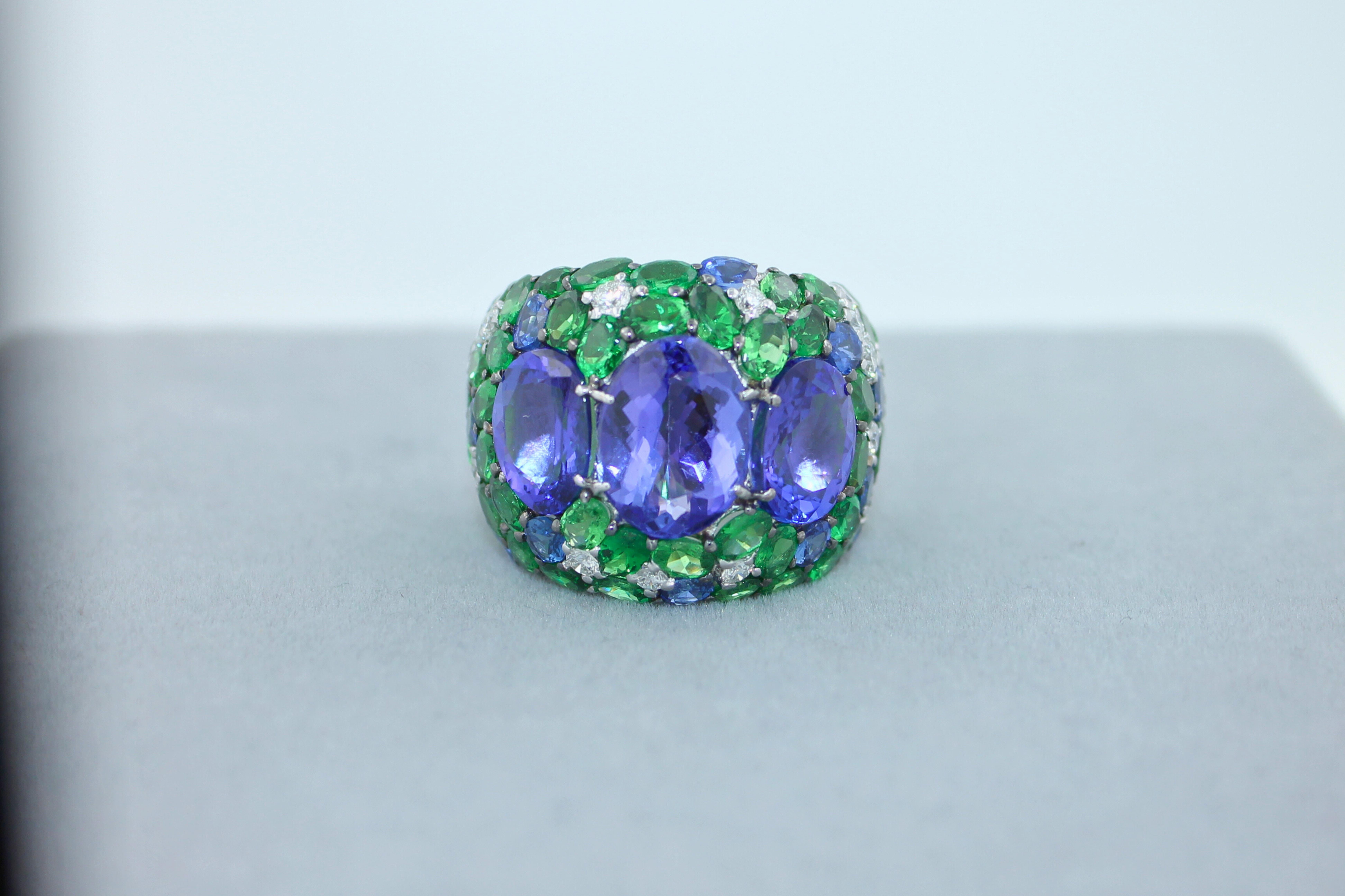 Blue Oval Tanzanite Tsavorite Diamond Pave Sapphire Dome 18K White Gold Ring For Sale 4