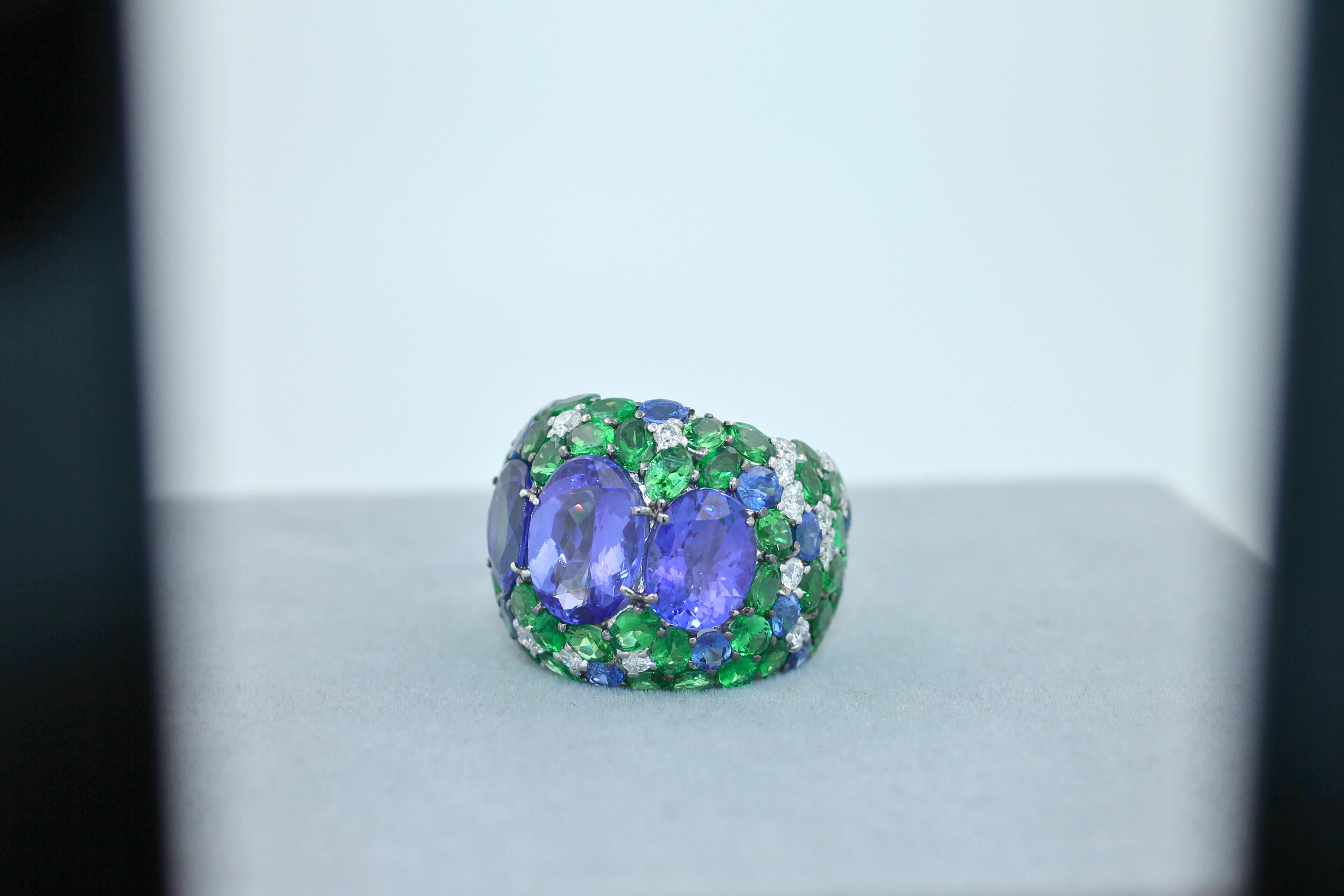 Blue Oval Tanzanite Tsavorite Diamond Pave Sapphire Dome 18K White Gold Ring For Sale 5