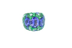 Blue Oval Tanzanite Tsavorite Diamond Pave Sapphire Dome 18K White Gold Ring