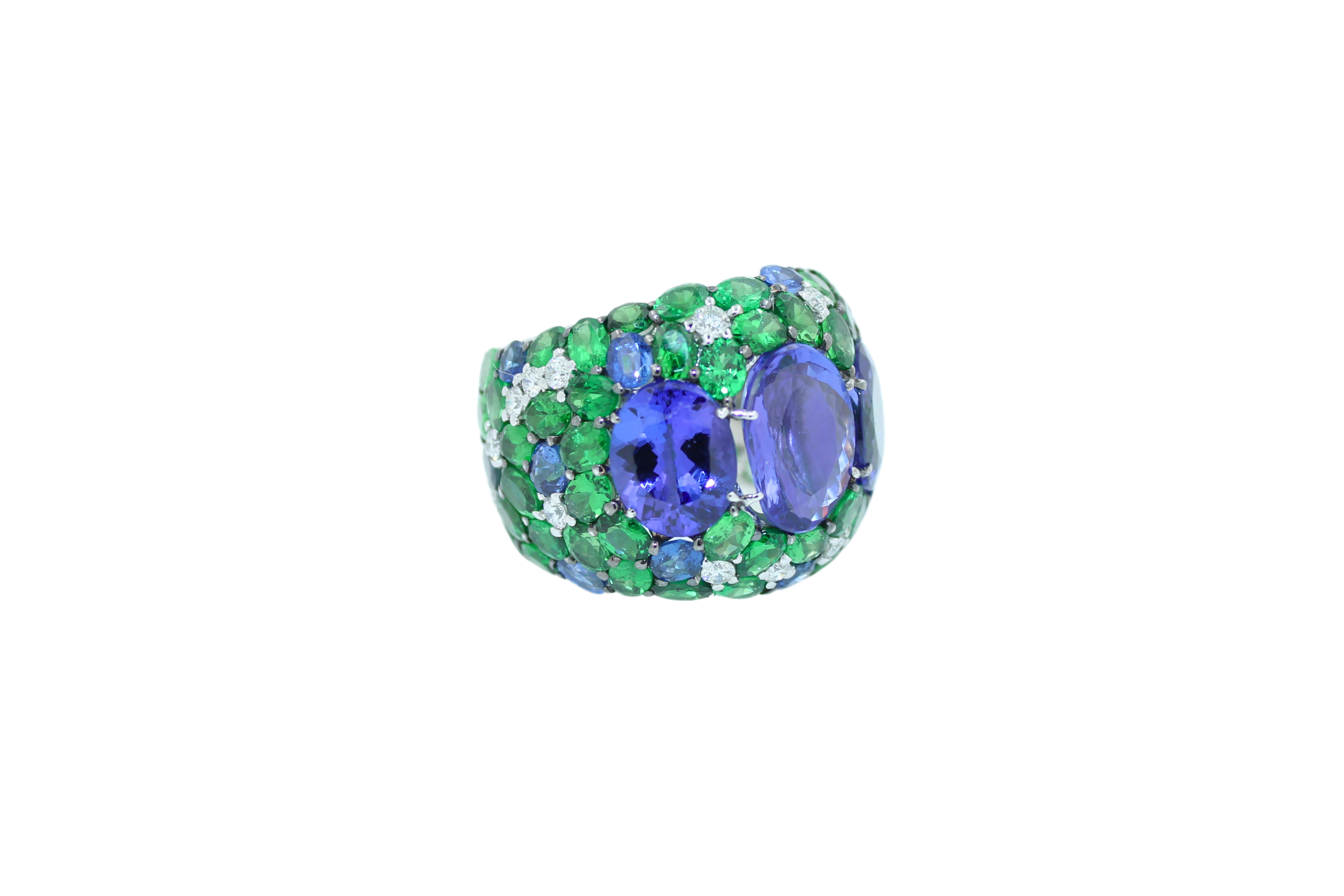 Modern Blue Oval Tanzanite Tsavorite Diamond Pave Sapphire Dome 18K White Gold Ring For Sale
