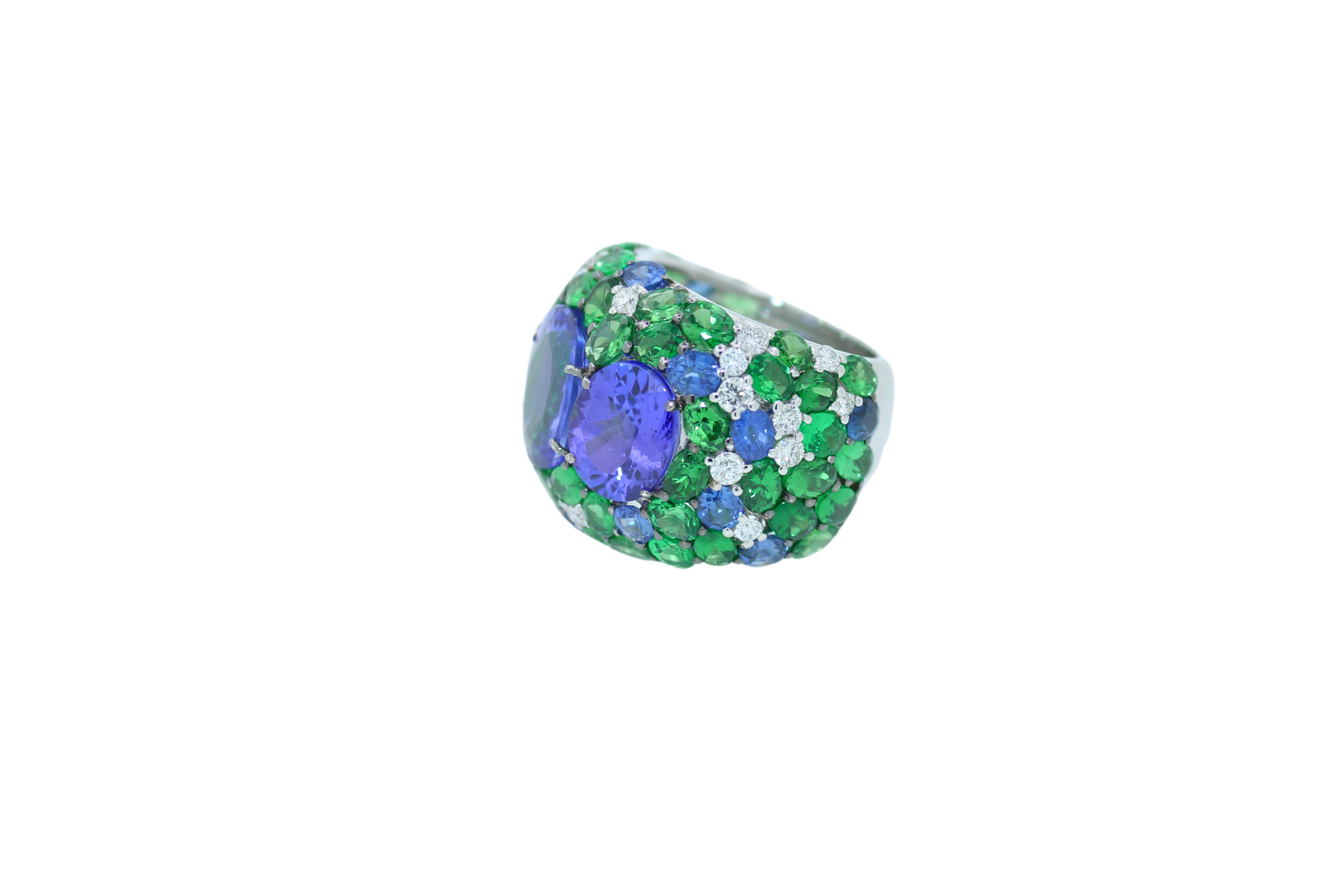 Blue Oval Tanzanite Tsavorite Diamond Pave Sapphire Dome 18K White Gold Ring In New Condition For Sale In Oakton, VA