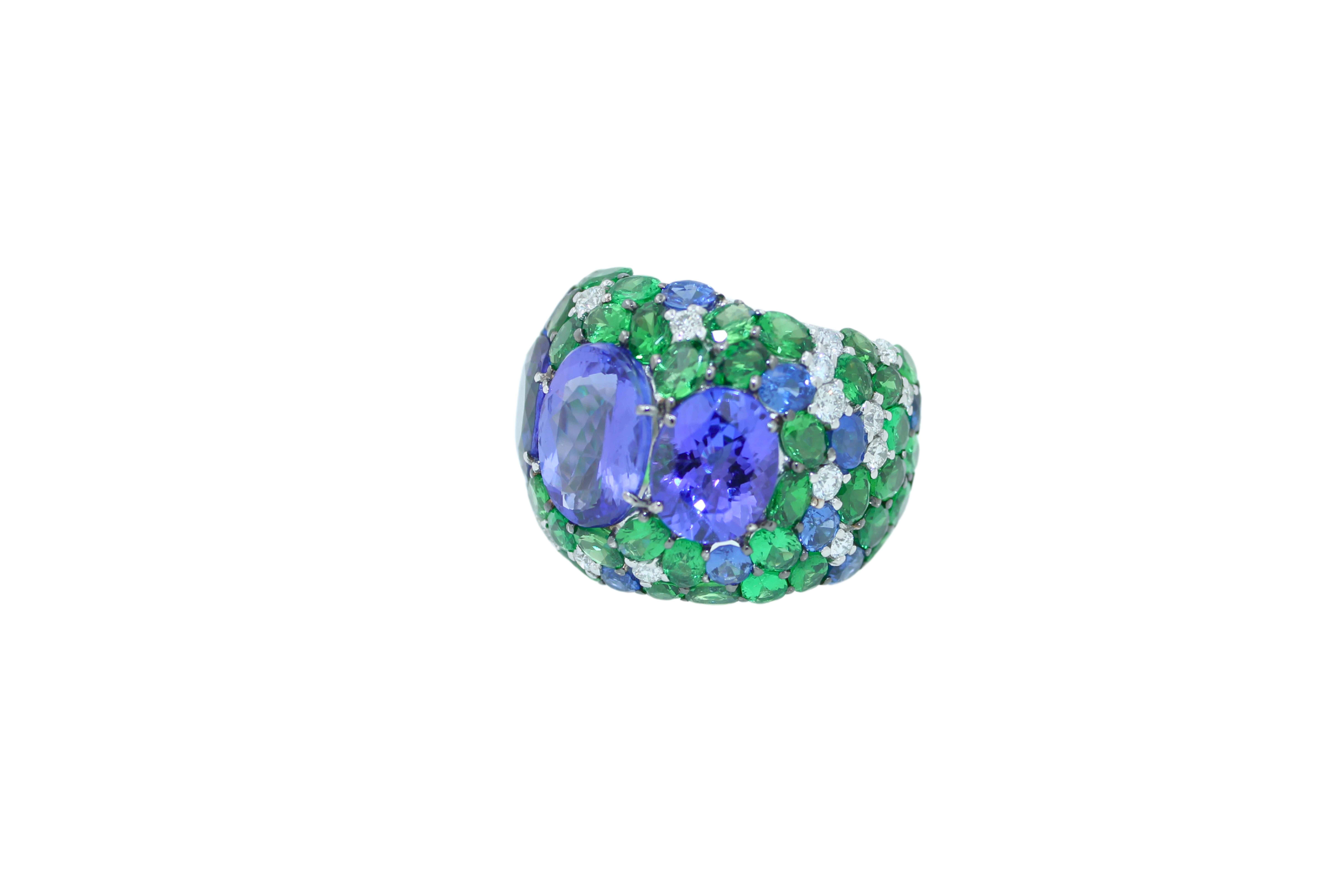 Women's or Men's Blue Oval Tanzanite Tsavorite Diamond Pave Sapphire Dome 18K White Gold Ring For Sale