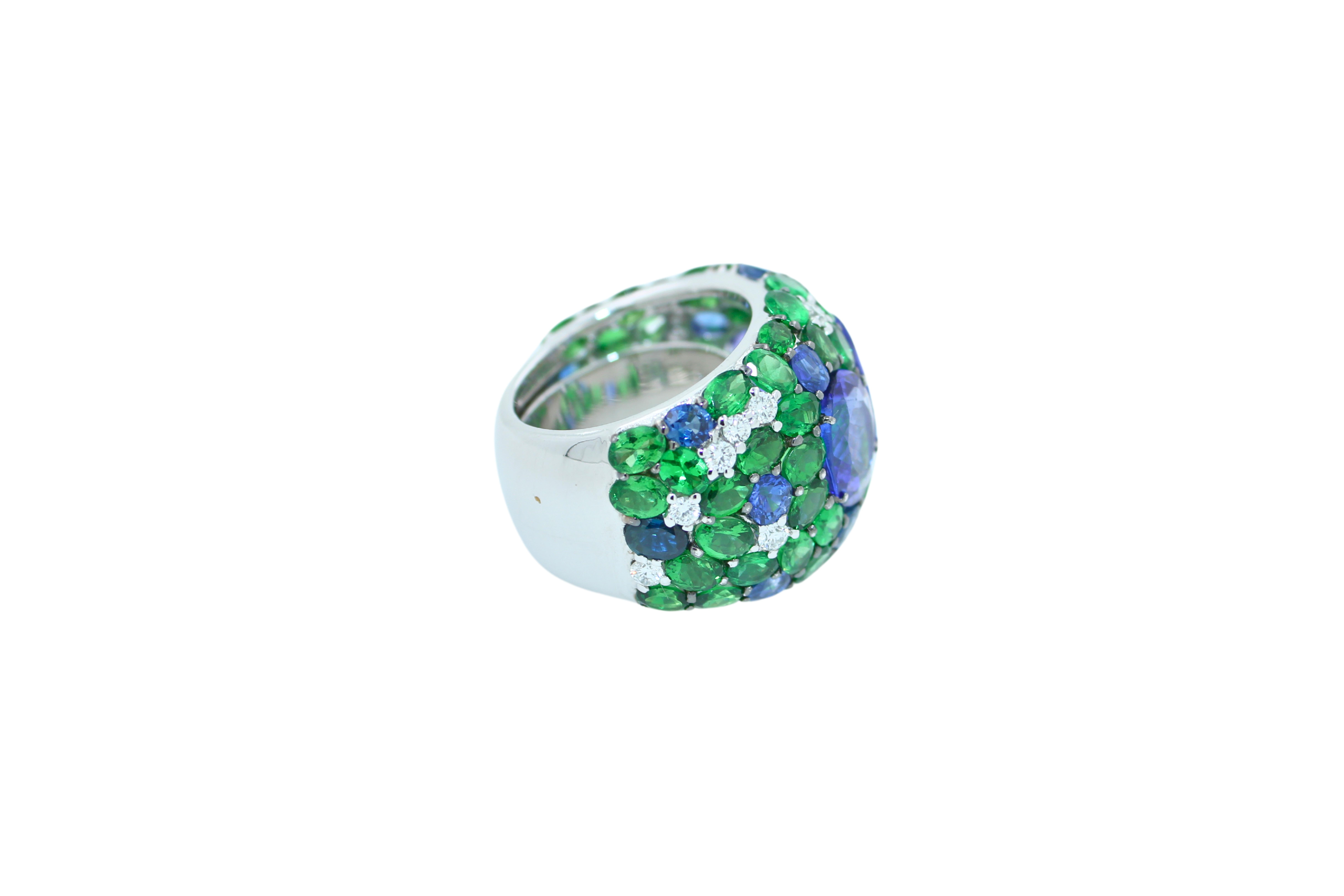 Blue Oval Tanzanite Tsavorite Diamond Pave Sapphire Dome 18K White Gold Ring For Sale 1