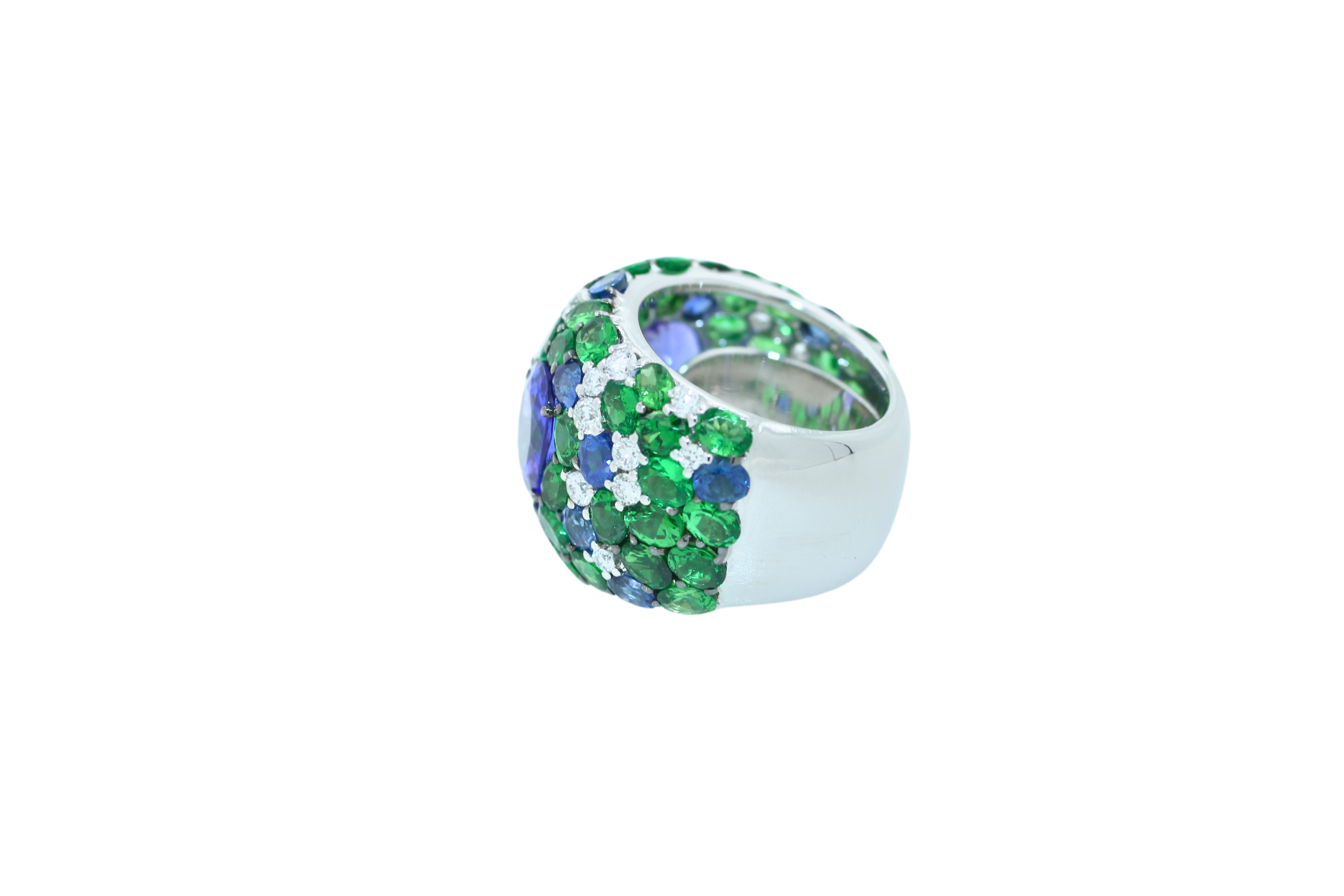 Blue Oval Tanzanite Tsavorite Diamond Pave Sapphire Dome 18K White Gold Ring For Sale 2