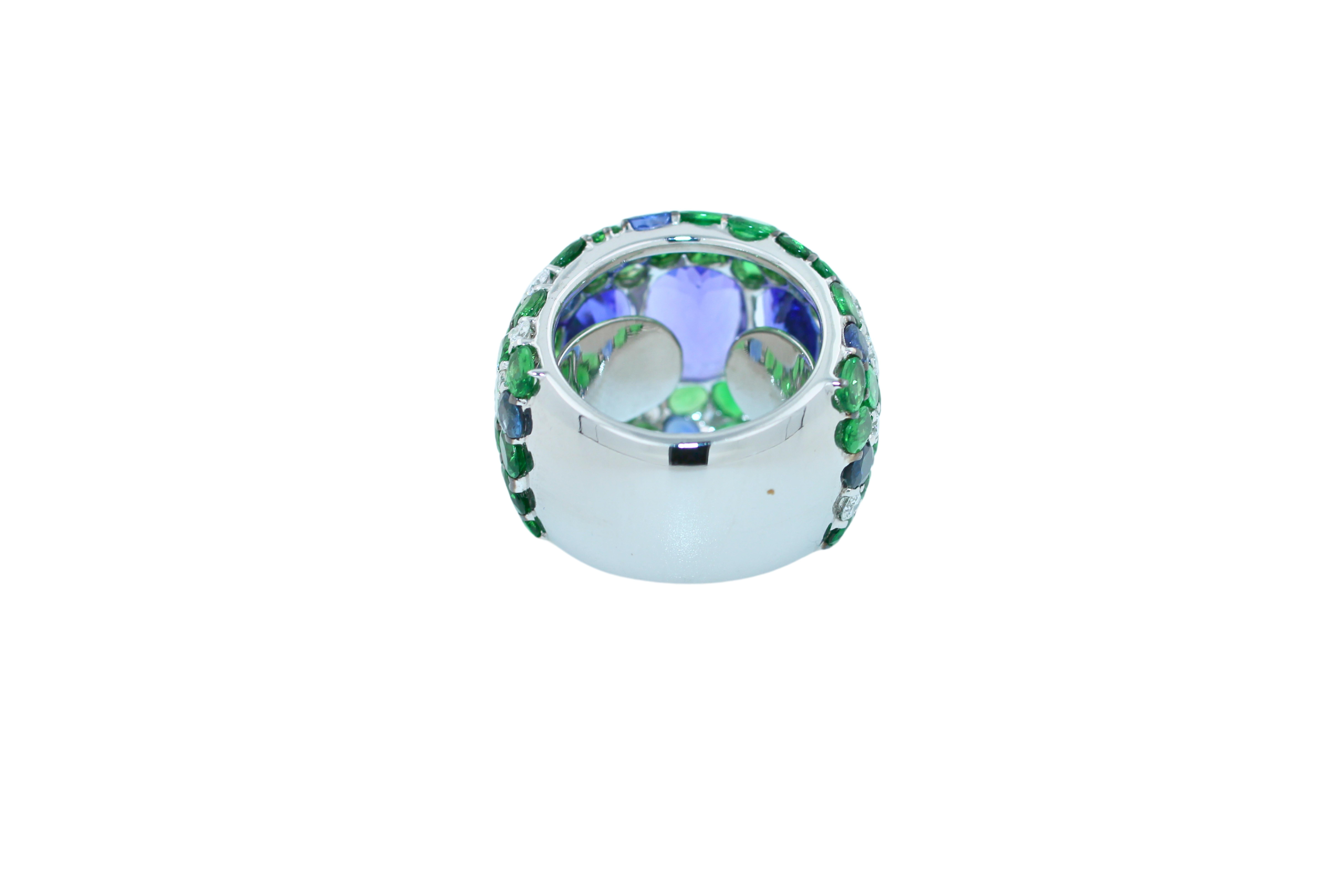 Blue Oval Tanzanite Tsavorite Diamond Pave Sapphire Dome 18K White Gold Ring For Sale 3