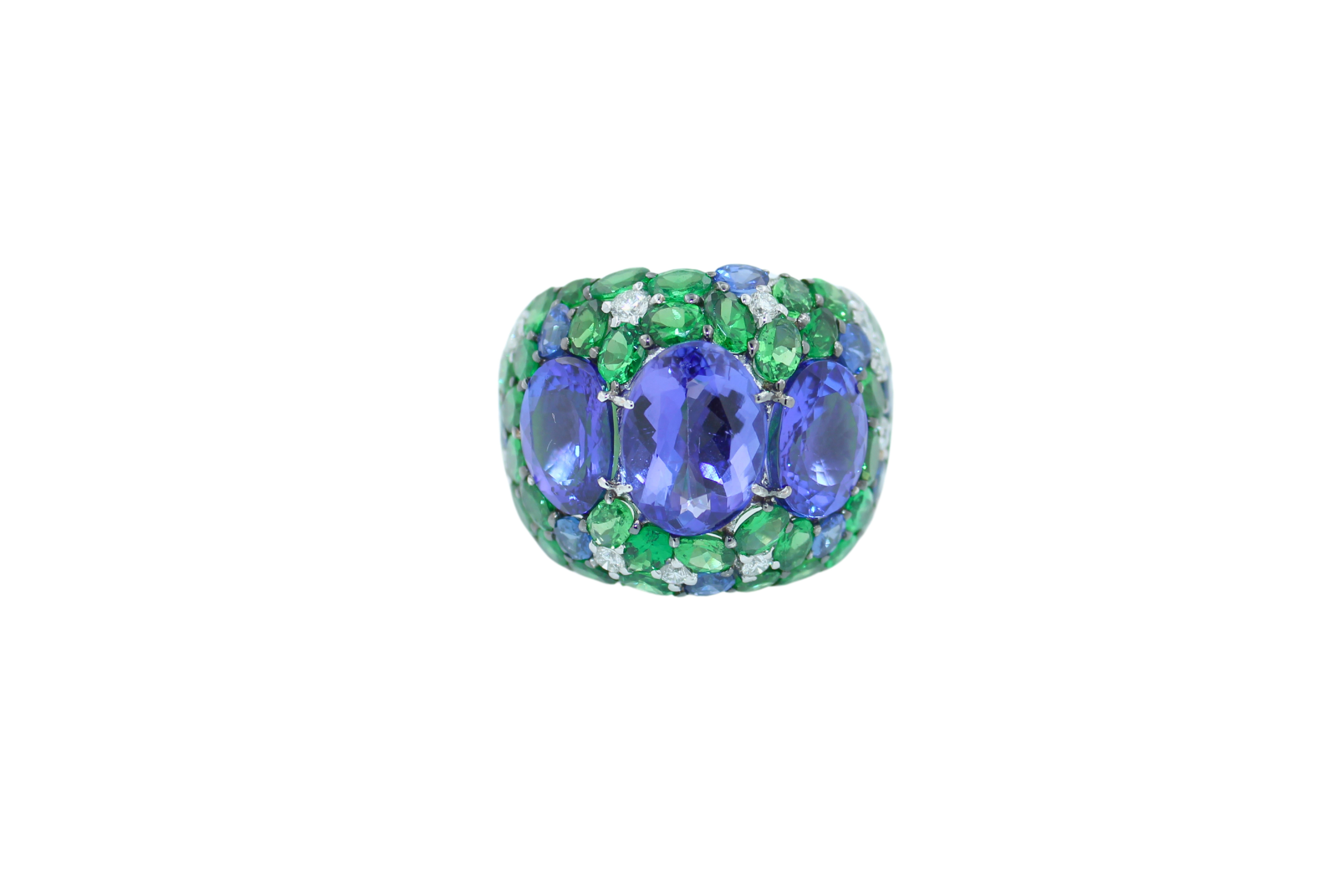 Blue Oval Tanzanite Tsavorite Diamond Pave Sapphire Dome 18K White Gold Ring