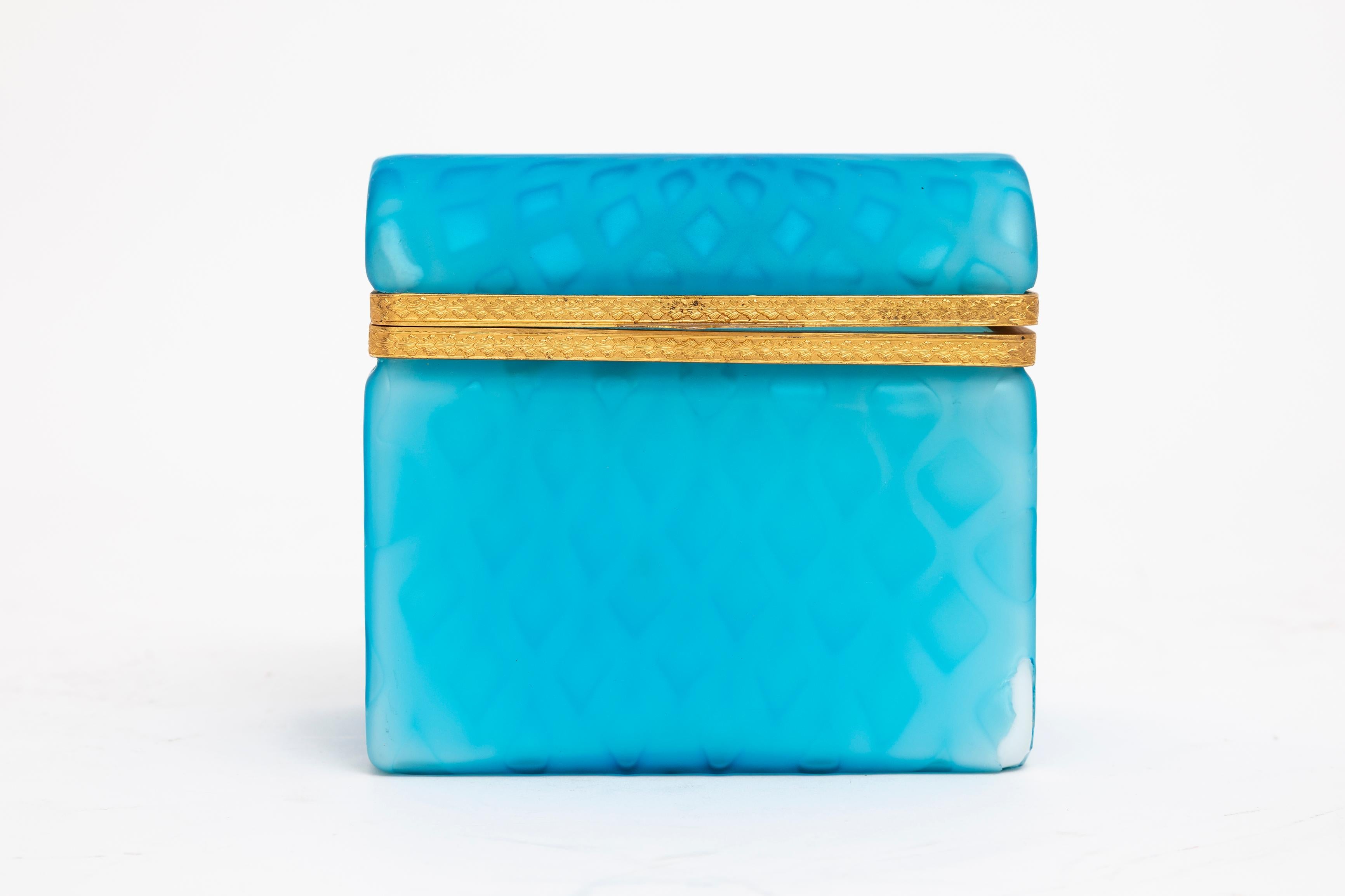Mid-Century Modern Blue over White Double Overlay Ormolu Mounted Cased Glass Rectangular Box For Sale