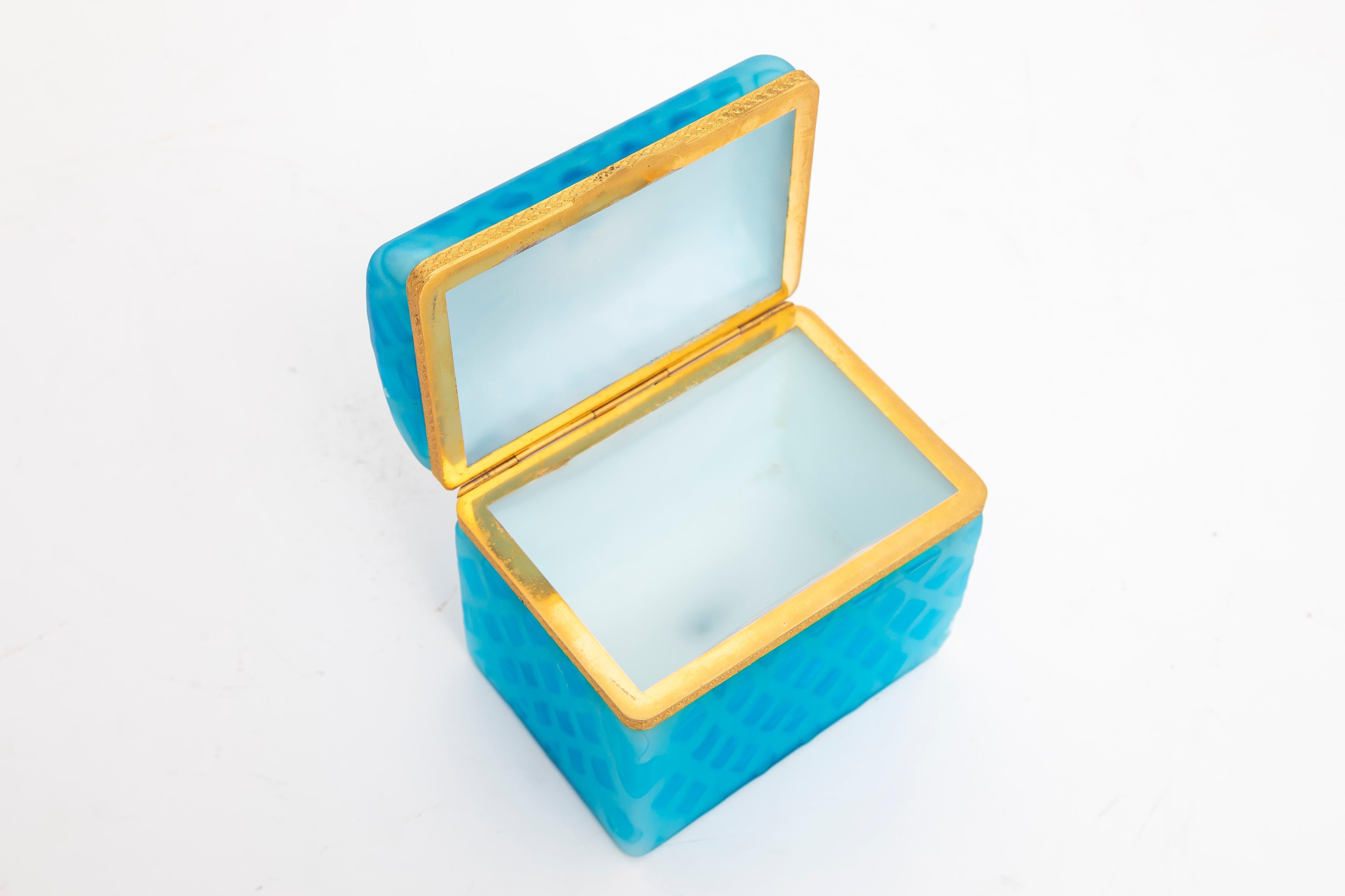 Cut Glass Blue over White Double Overlay Ormolu Mounted Cased Glass Rectangular Box For Sale