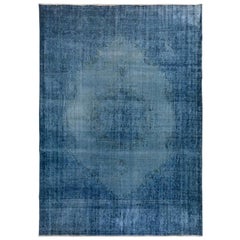Blue Overdyed and Vintage Worn Down Persian Kerman Hand Knotted Pure Wool
