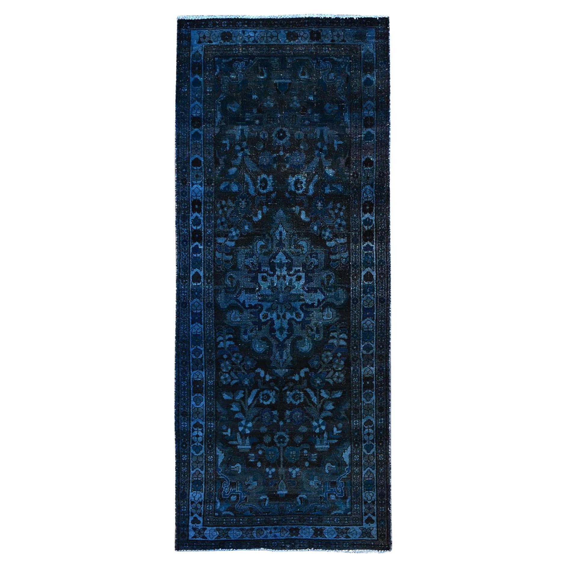 Blue Overdyed Hand Knotted Abrash Pure Wool Old Persian Bakhtiari Runner Rug