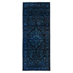 Vintage Blue Overdyed Hand Knotted Abrash Pure Wool Old Persian Bakhtiari Runner Rug