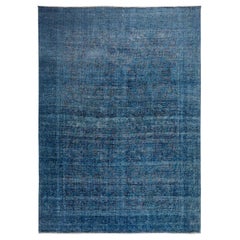 Blue Overdyed Vintage and Worn Down Persian Kerman Pure Wool Hand Knotted