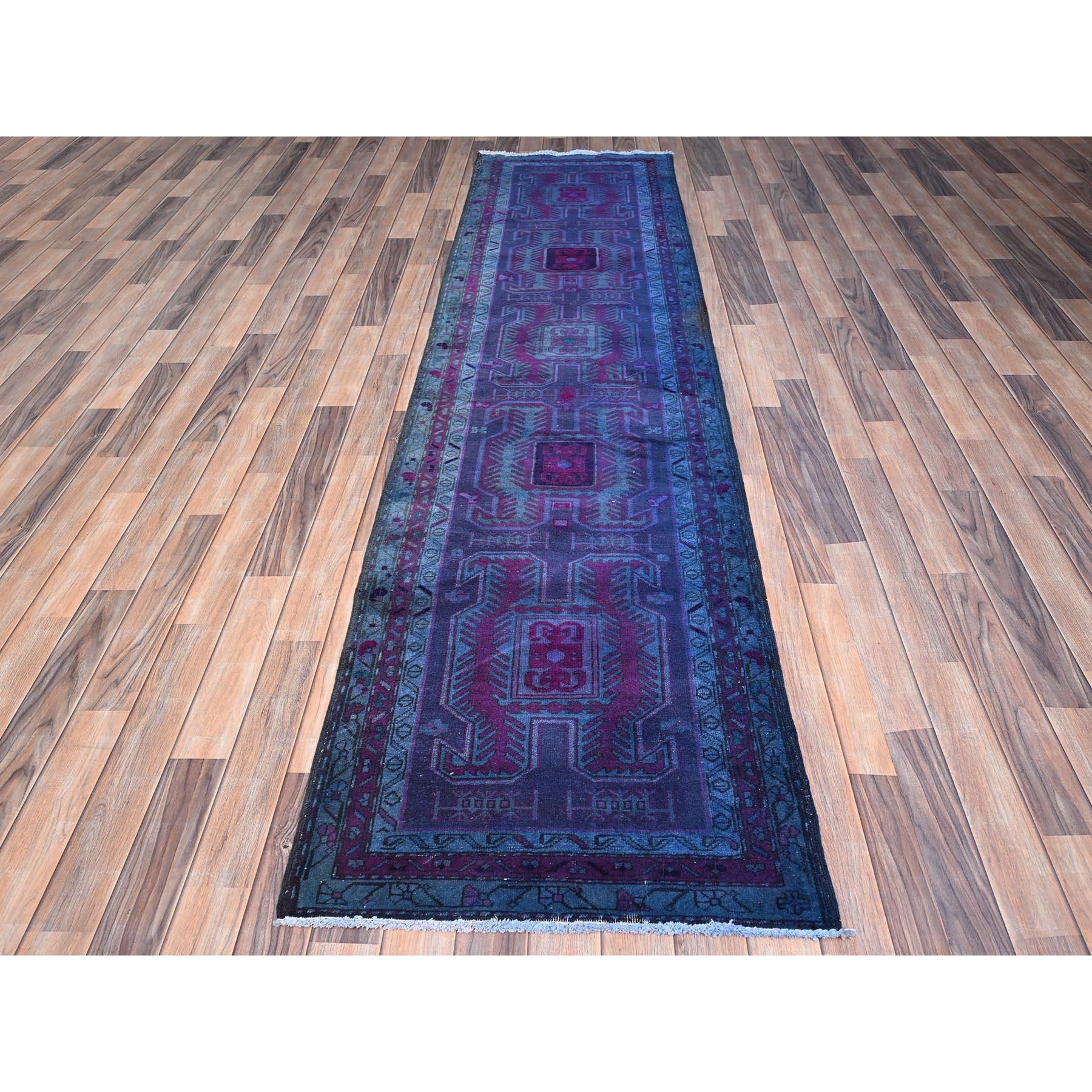 Medieval Blue Overdyed Vintage Northwest Persian Clean Pure Wool Hand Knotted Runner Rug For Sale