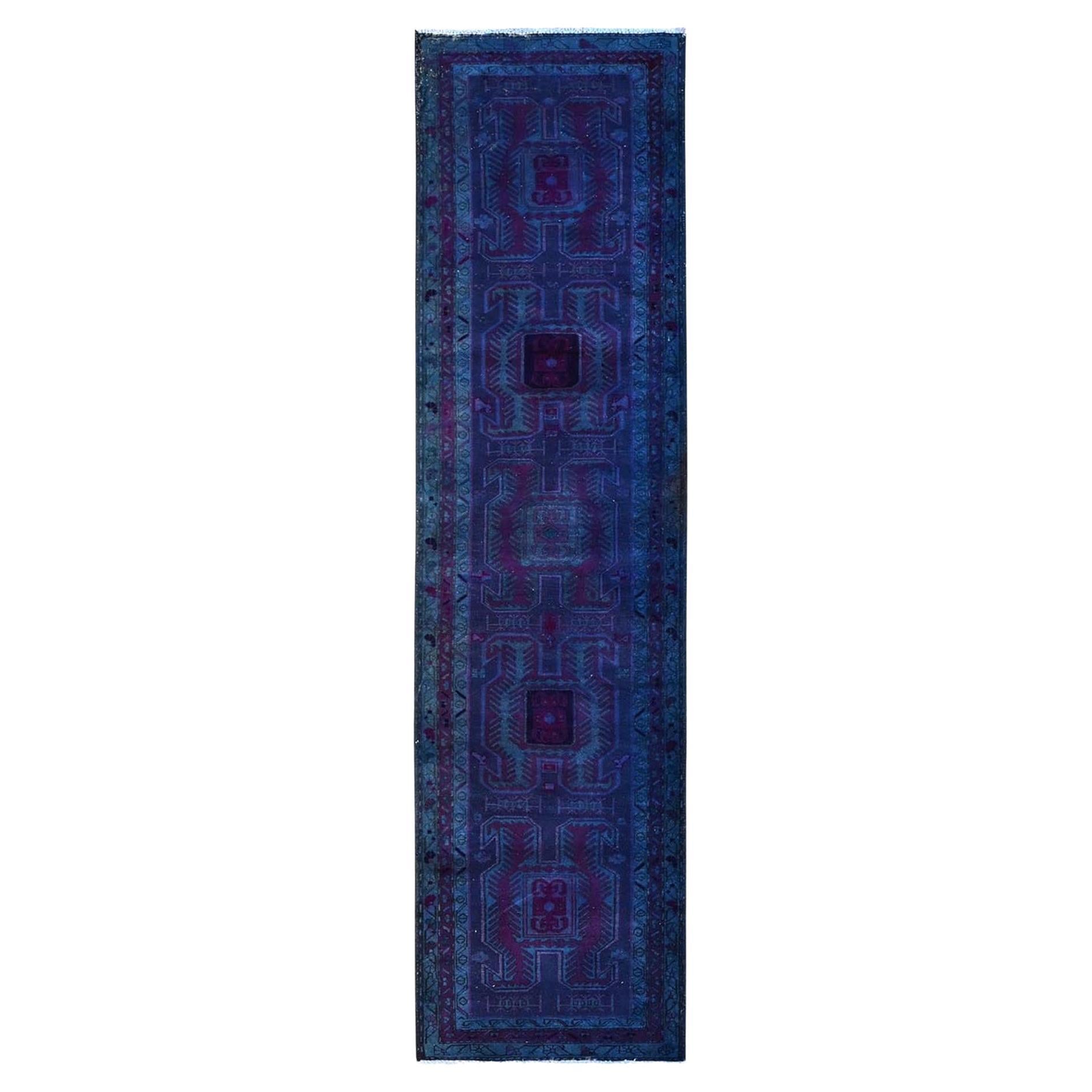 Blue Overdyed Vintage Northwest Persian Clean Pure Wool Hand Knotted Runner Rug For Sale