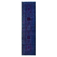 Blue Overdyed Retro Northwest Persian Clean Pure Wool Hand Knotted Runner Rug