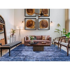 Blue Overdyed Vintage Persian Kerman Soft Wool Distressed Hand Knotted Clean Rug