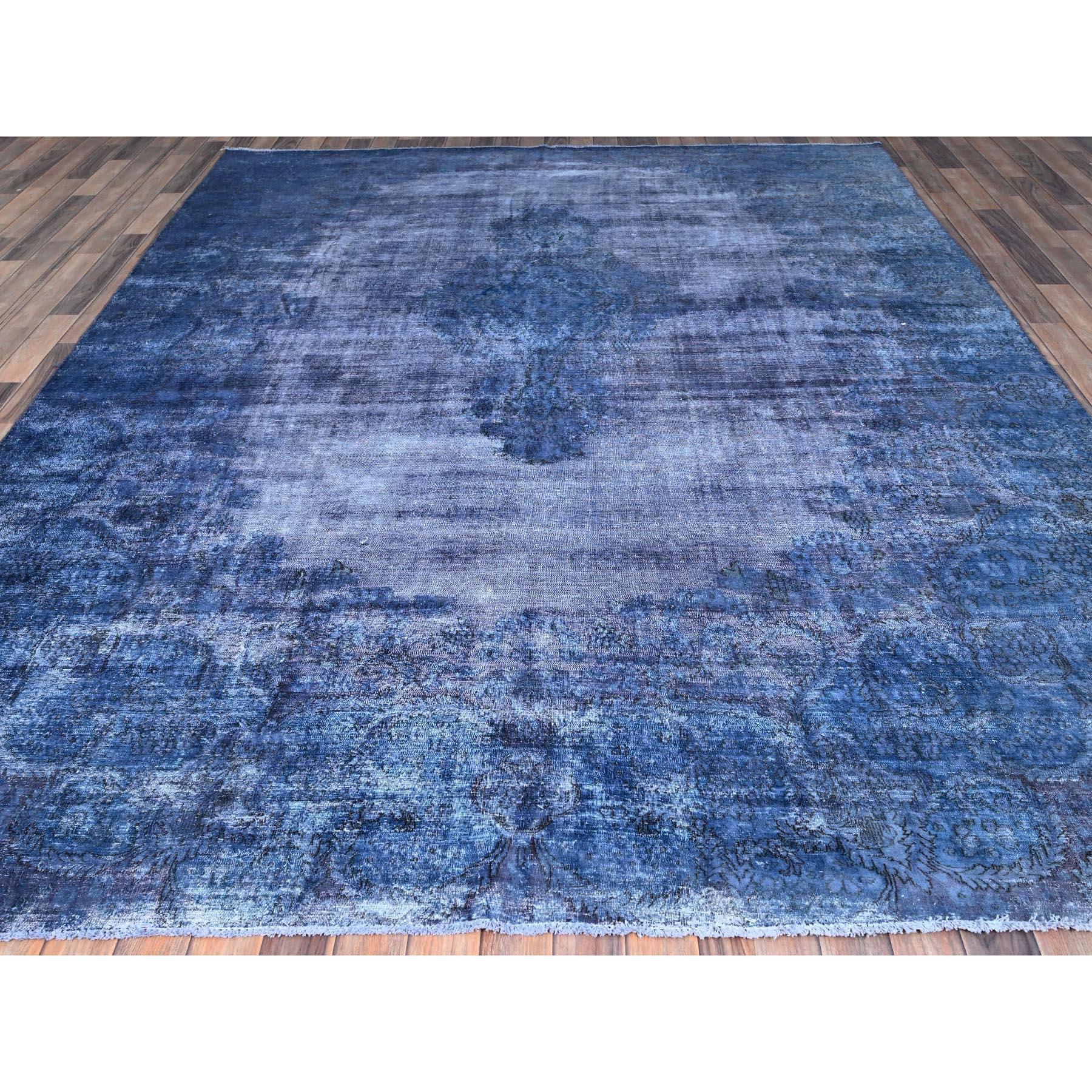 Medieval Blue Overdyed Vintage Persian Kerman Soft Wool Distressed Hand Knotted Clean Rug For Sale