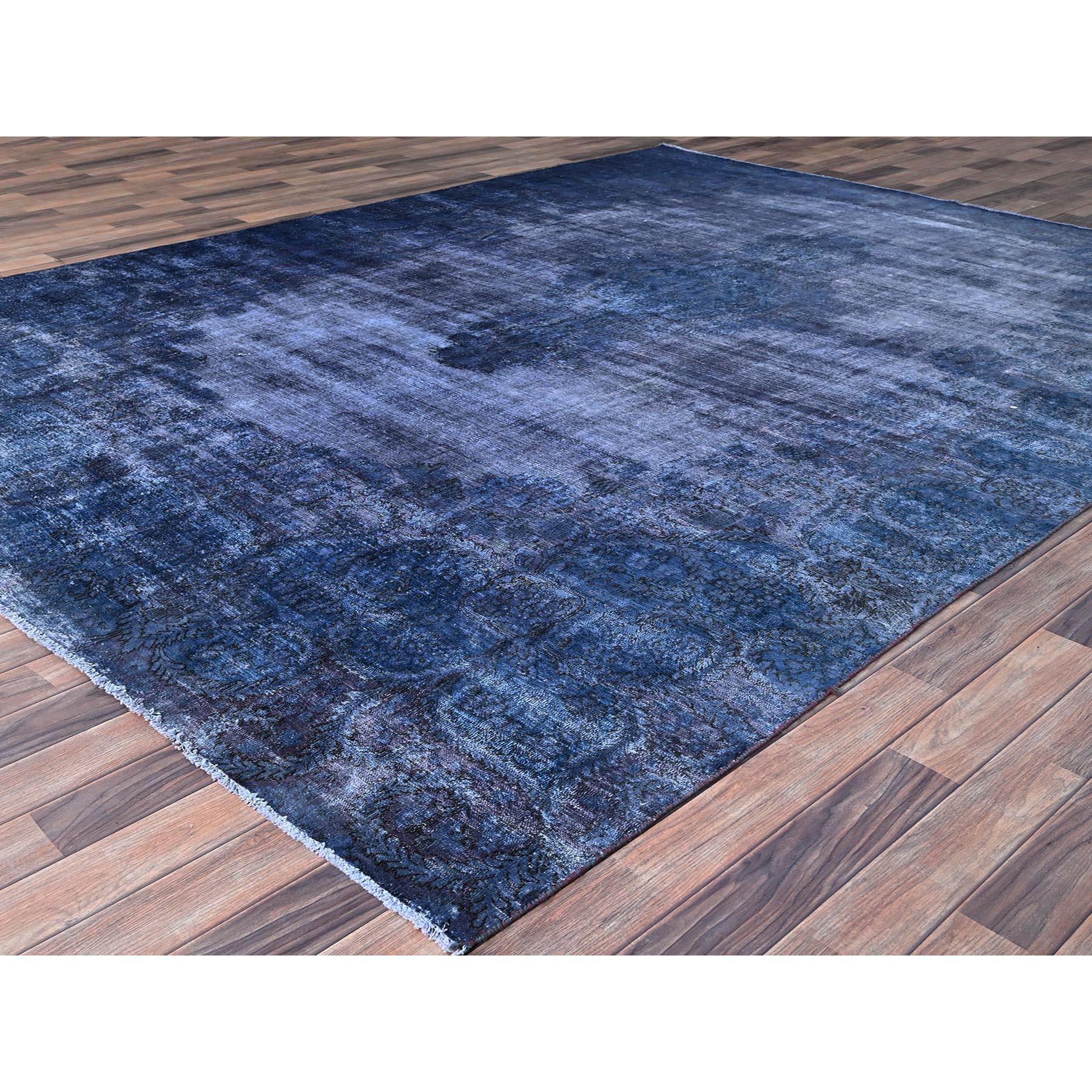 Hand-Knotted Blue Overdyed Vintage Persian Kerman Soft Wool Distressed Hand Knotted Clean Rug For Sale
