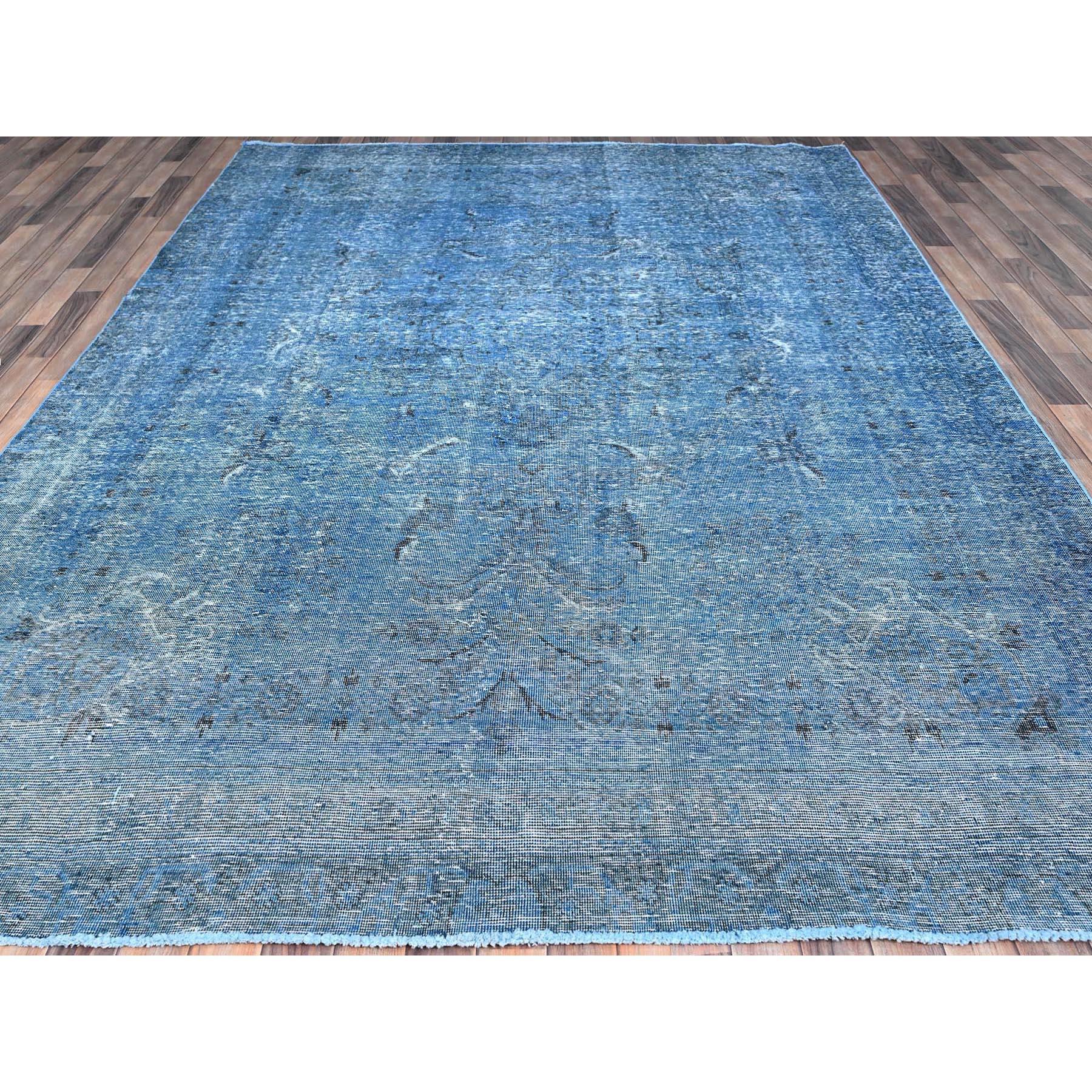 Hand-Knotted Blue Overdyed Vintage Persian Tabriz Even Wear Clean Hand Knotted Pure Wool Rug For Sale