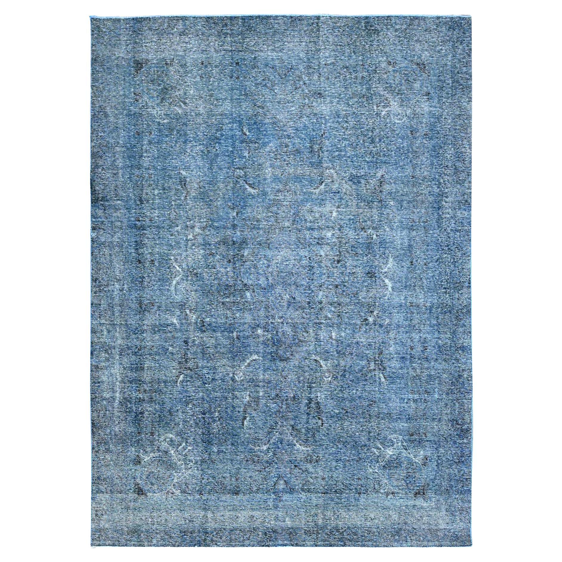 Blue Overdyed Vintage Persian Tabriz Even Wear Clean Hand Knotted Pure Wool Rug For Sale