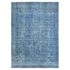 Blue Overdyed Vintage Persian Tabriz Even Wear Clean Hand Knotted Pure Wool Rug