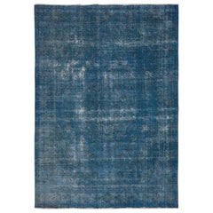 Blue Overdyed Worn Down and Vintage Persian Tabriz Hand Knotted Oriental Rug