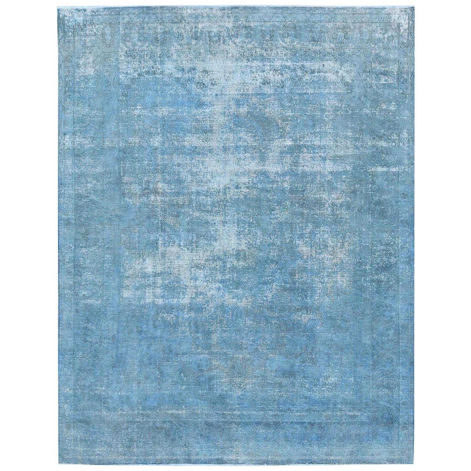 Blue Overdyed Worn Down Old Persian Kerman Oriental Rug