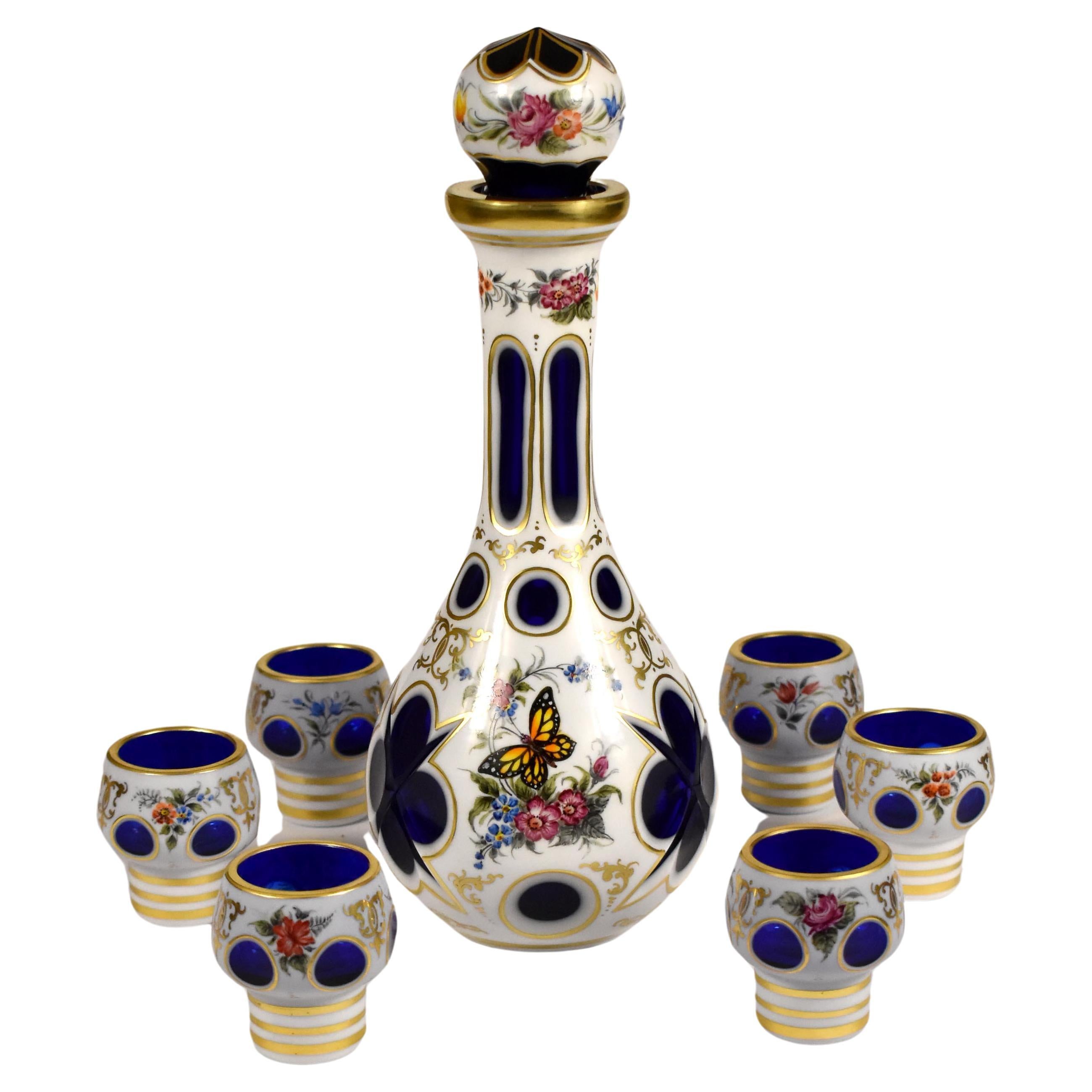 Blue Overlay Carafe with white Opal with six Glasses-Bohemian Glass 20th century For Sale