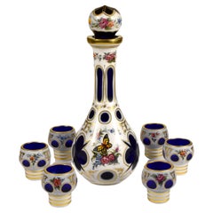 Blue Overlay Carafe with white Opal with six Glasses-Bohemian Glass 20th century