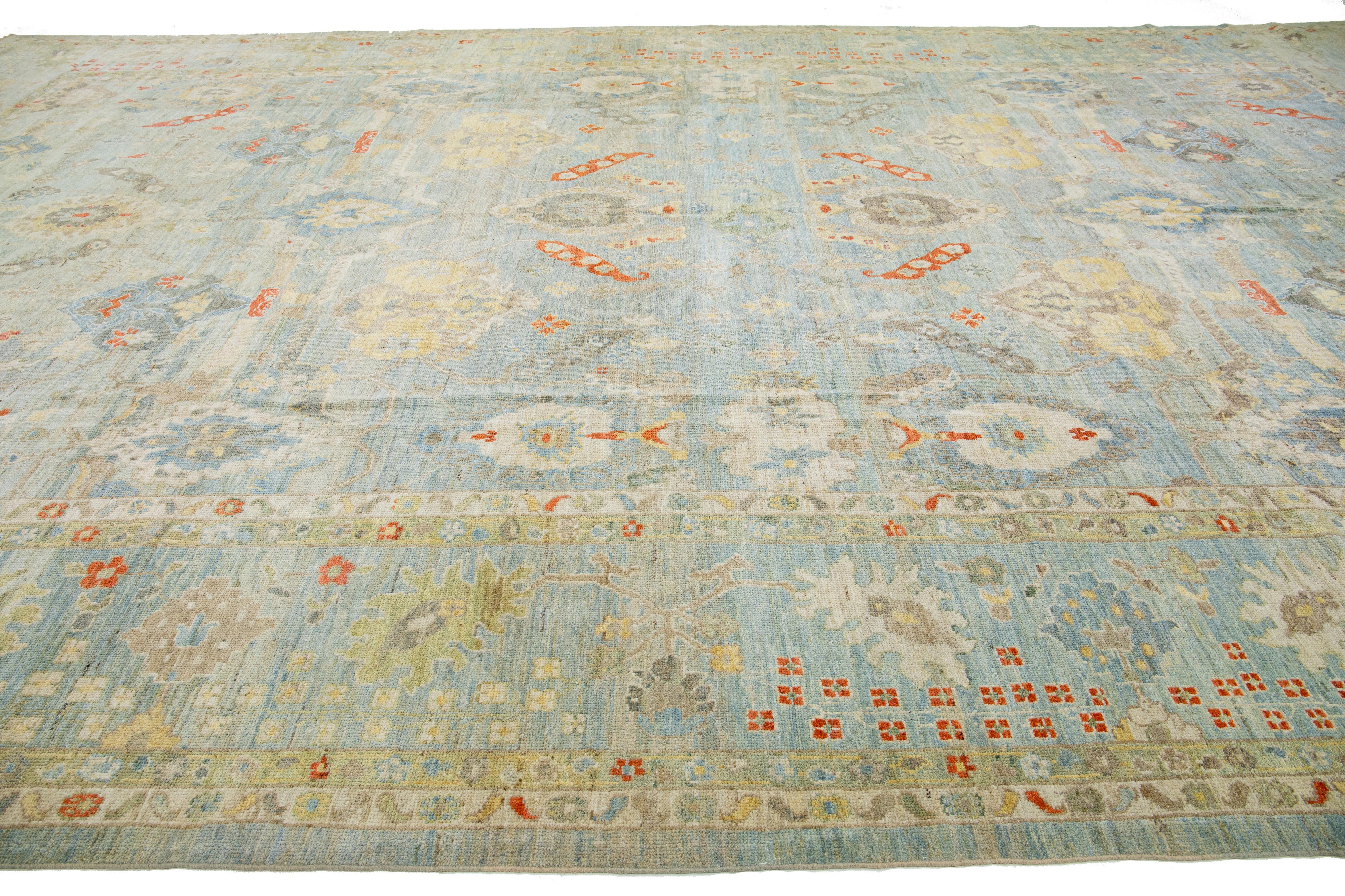 Hand-Knotted Blue Oversize Sultanabad Wool Rug With Floral Motif For Sale