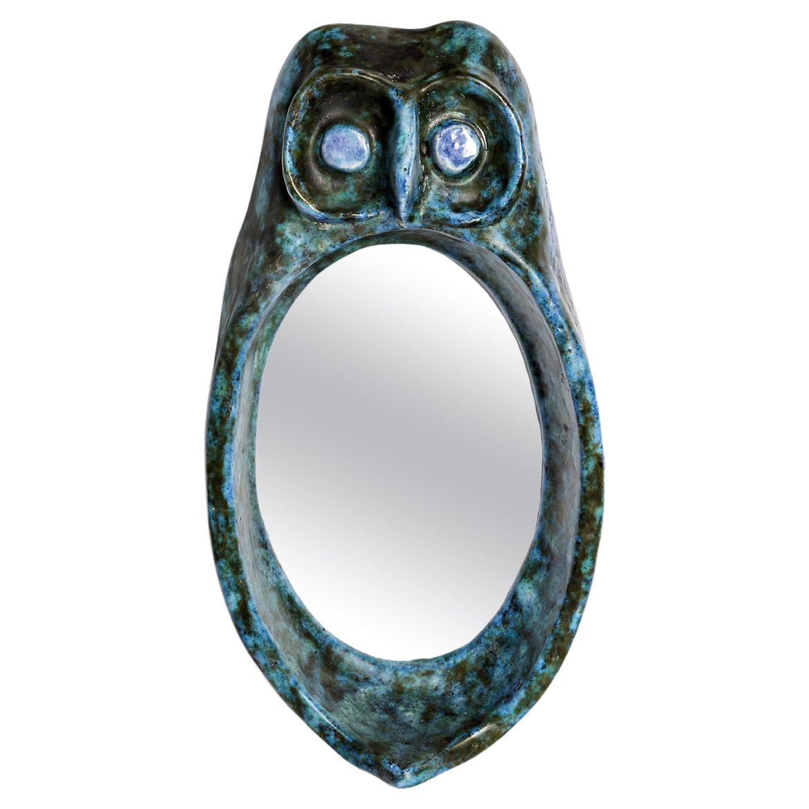 Búho azul Espejo de pared de cerámica Diseño del siglo XX 1950 de Casteran
