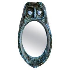 Búho azul Espejo de pared de cerámica Diseño del siglo XX 1950 de Casteran