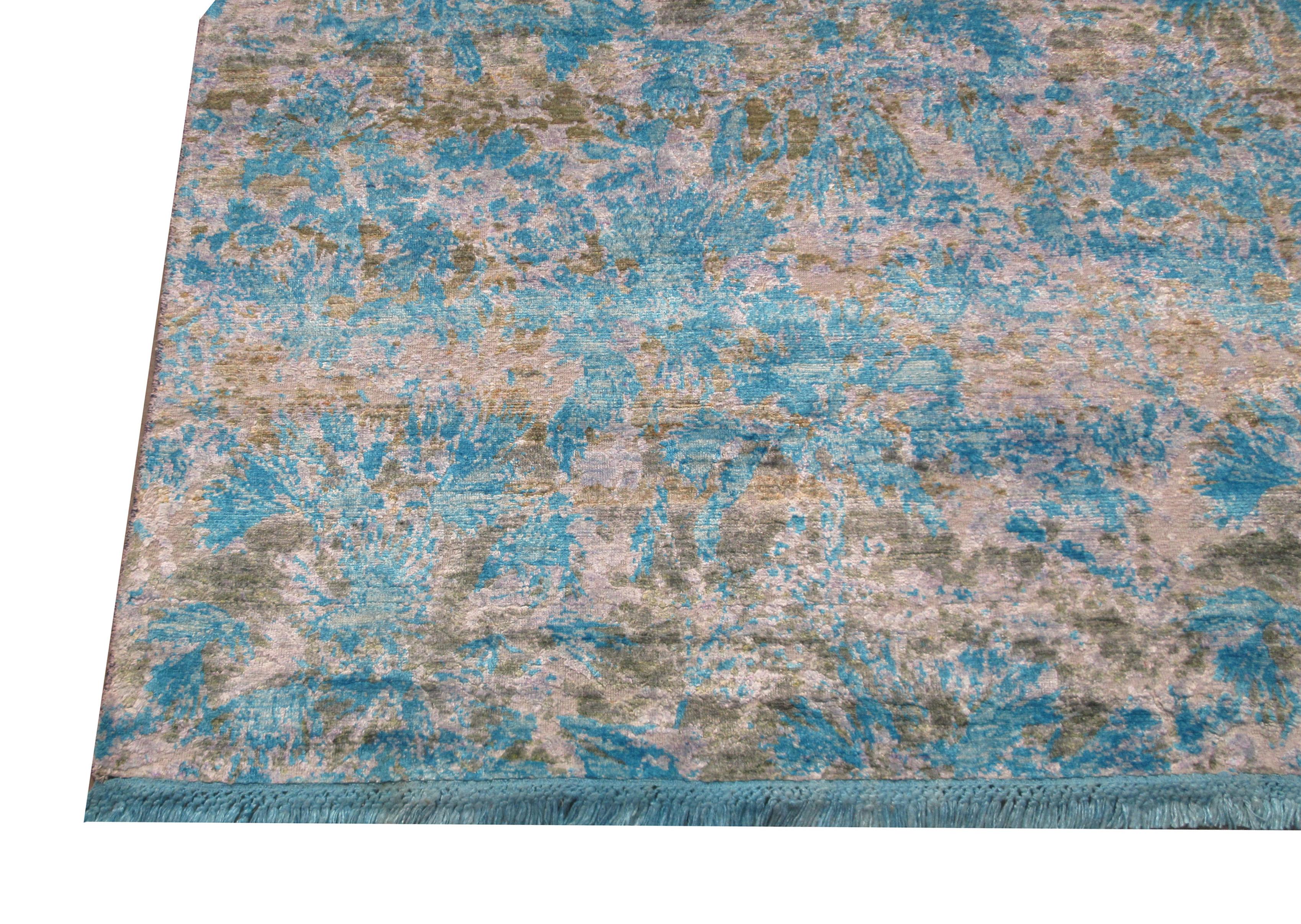 Hand-Knotted Blue Oxidized Modern Wool & Silk For Sale