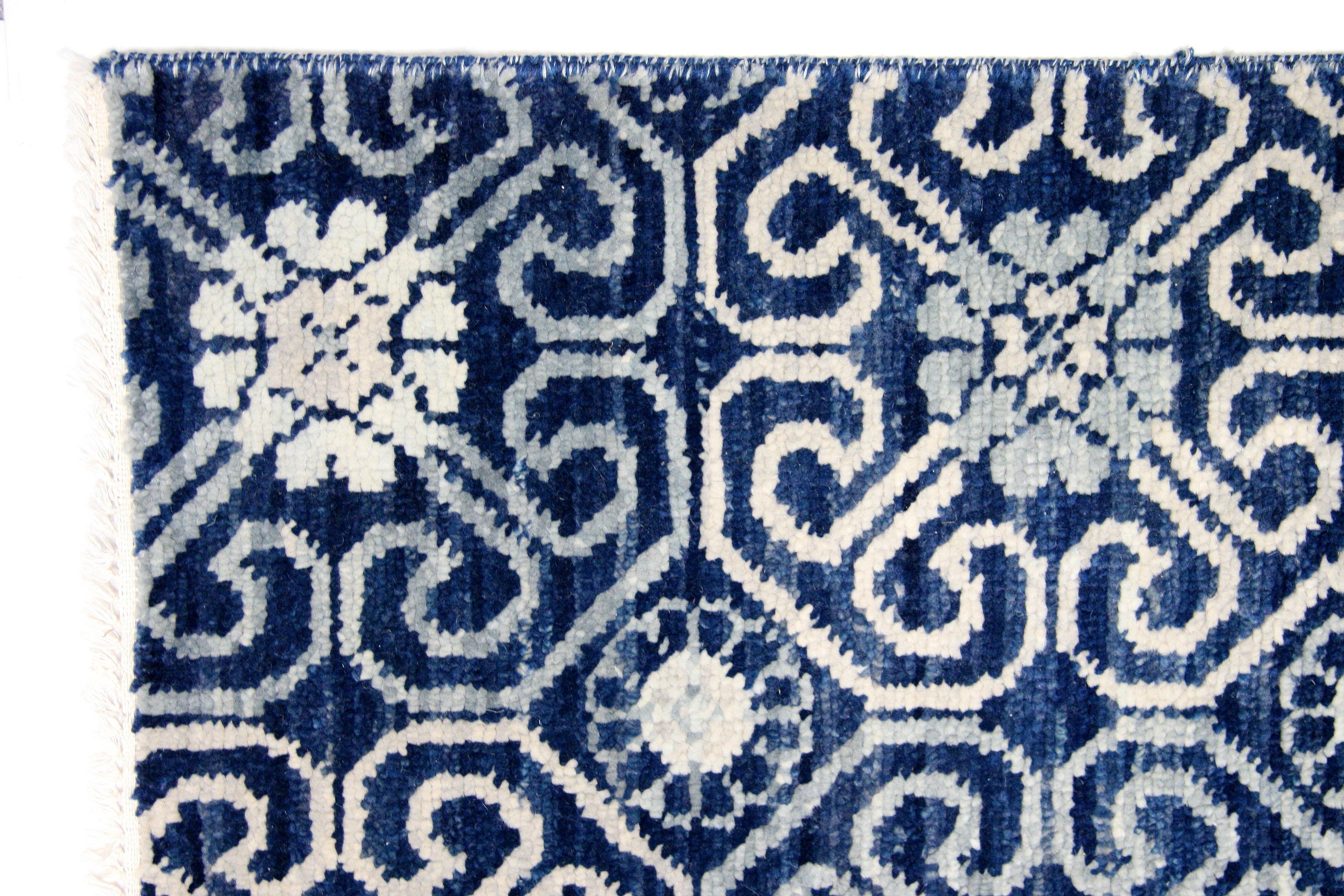 Hand-Knotted Blue Padma Collection Wool Area Rug For Sale