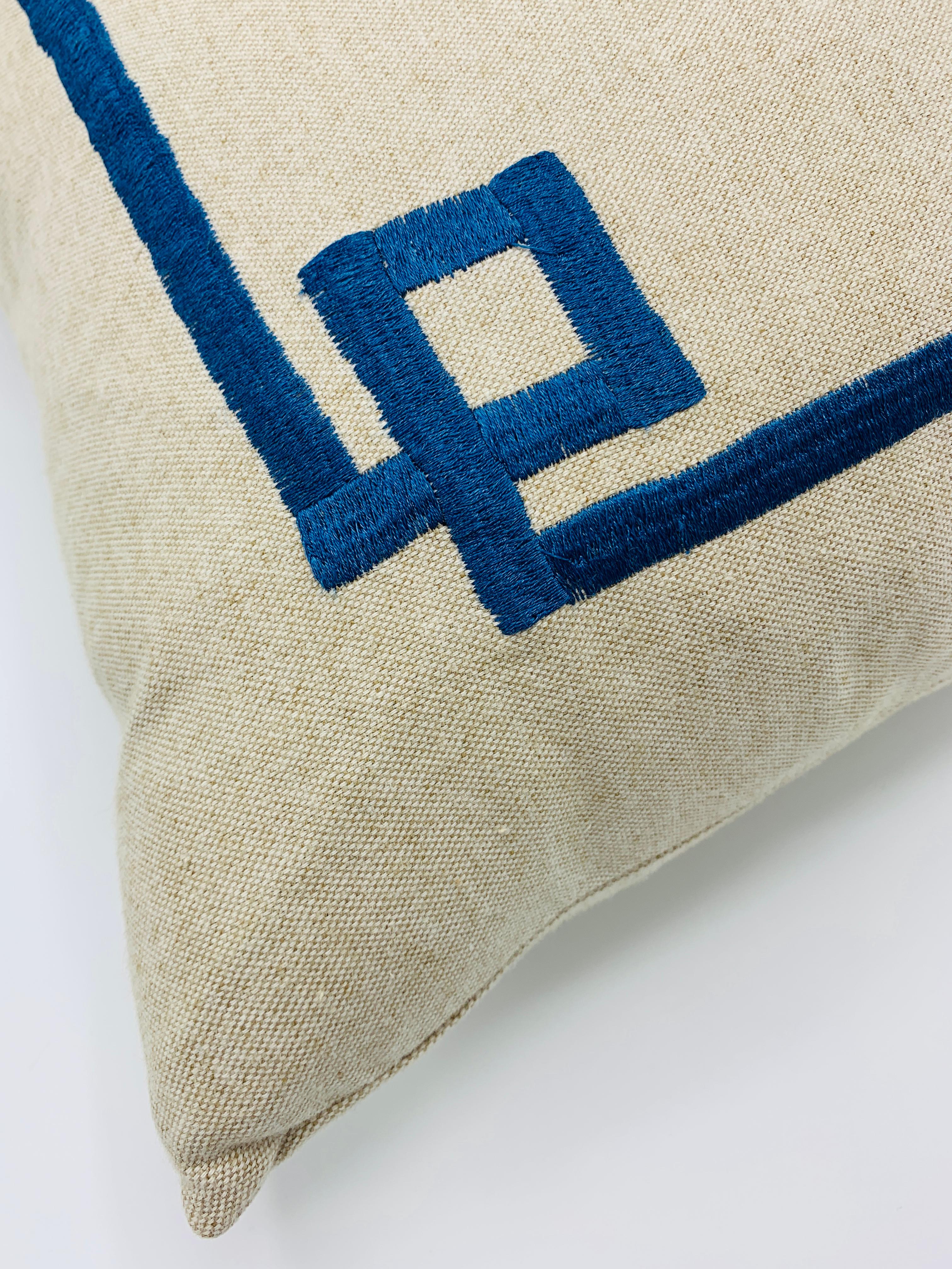 Blue Pagoda Embroidery on Linen Pillow, Custom 3