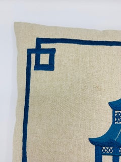Blue Pagoda Embroidery on Linen Pillow, Custom