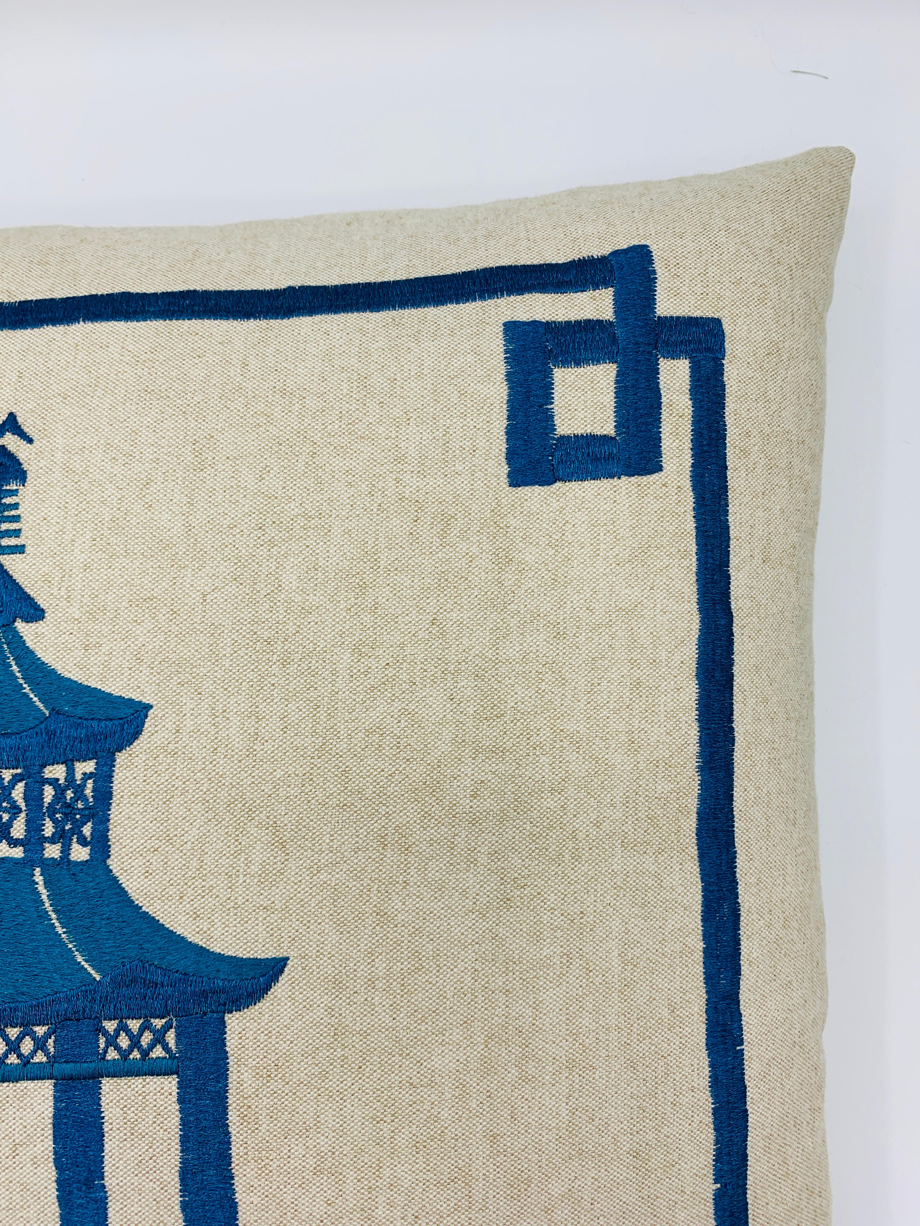 Chinoiserie Blue Pagoda Embroidery on Linen Pillow, Custom