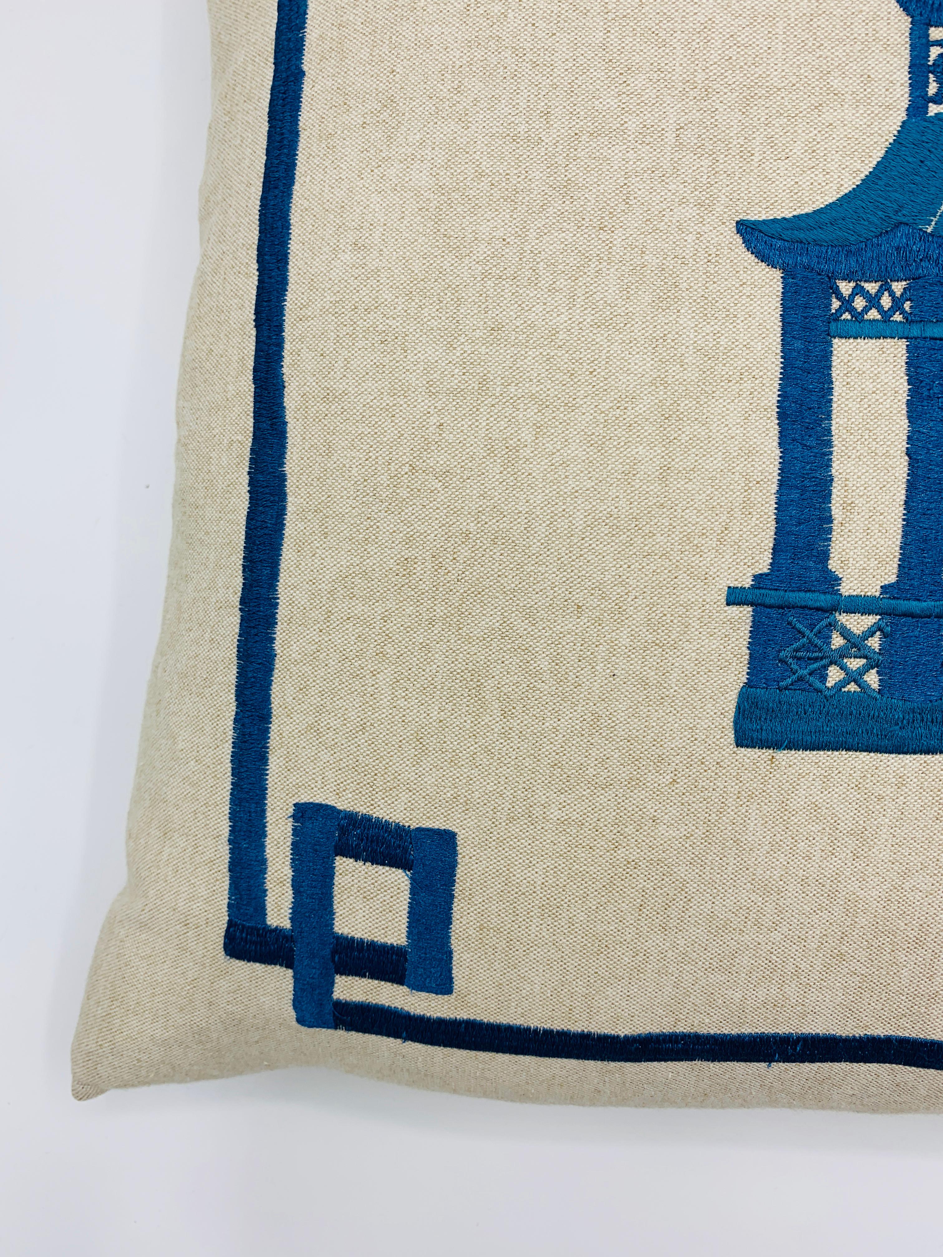 American Blue Pagoda Embroidery on Linen Pillow, Custom