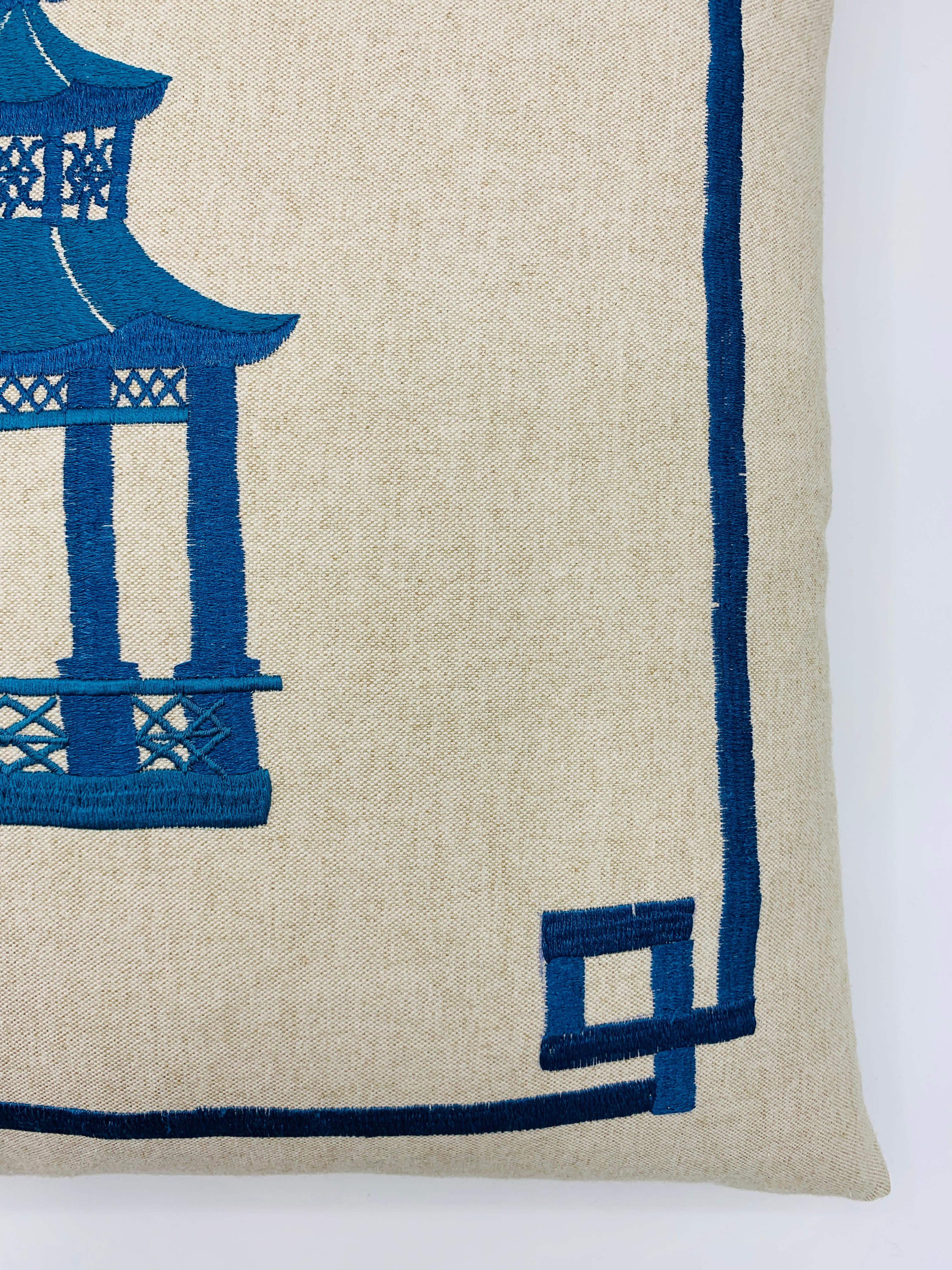 Embroidered Blue Pagoda Embroidery on Linen Pillow, Custom