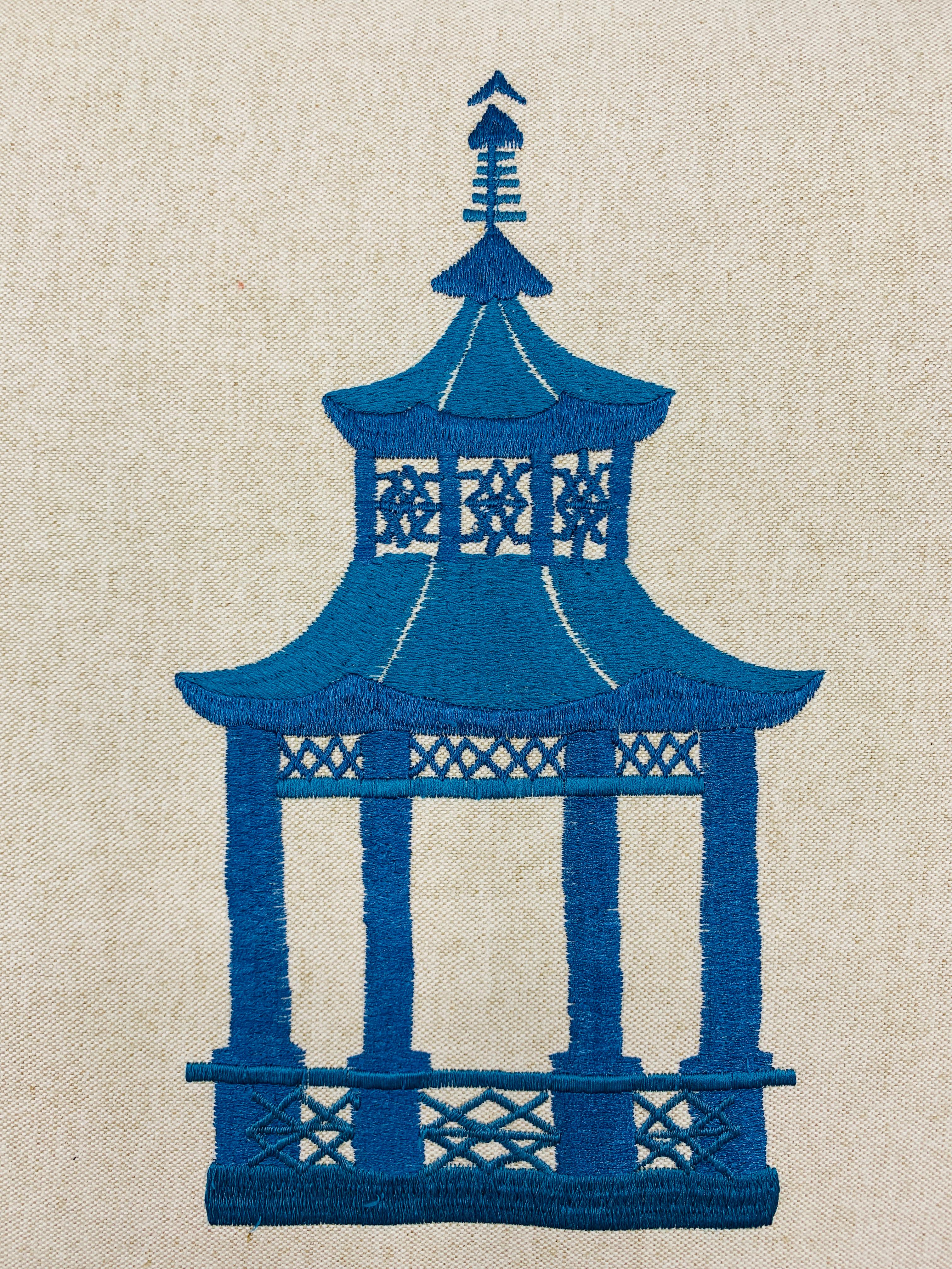 Blue Pagoda Embroidery on Linen Pillow, Custom In Excellent Condition In Richmond, VA