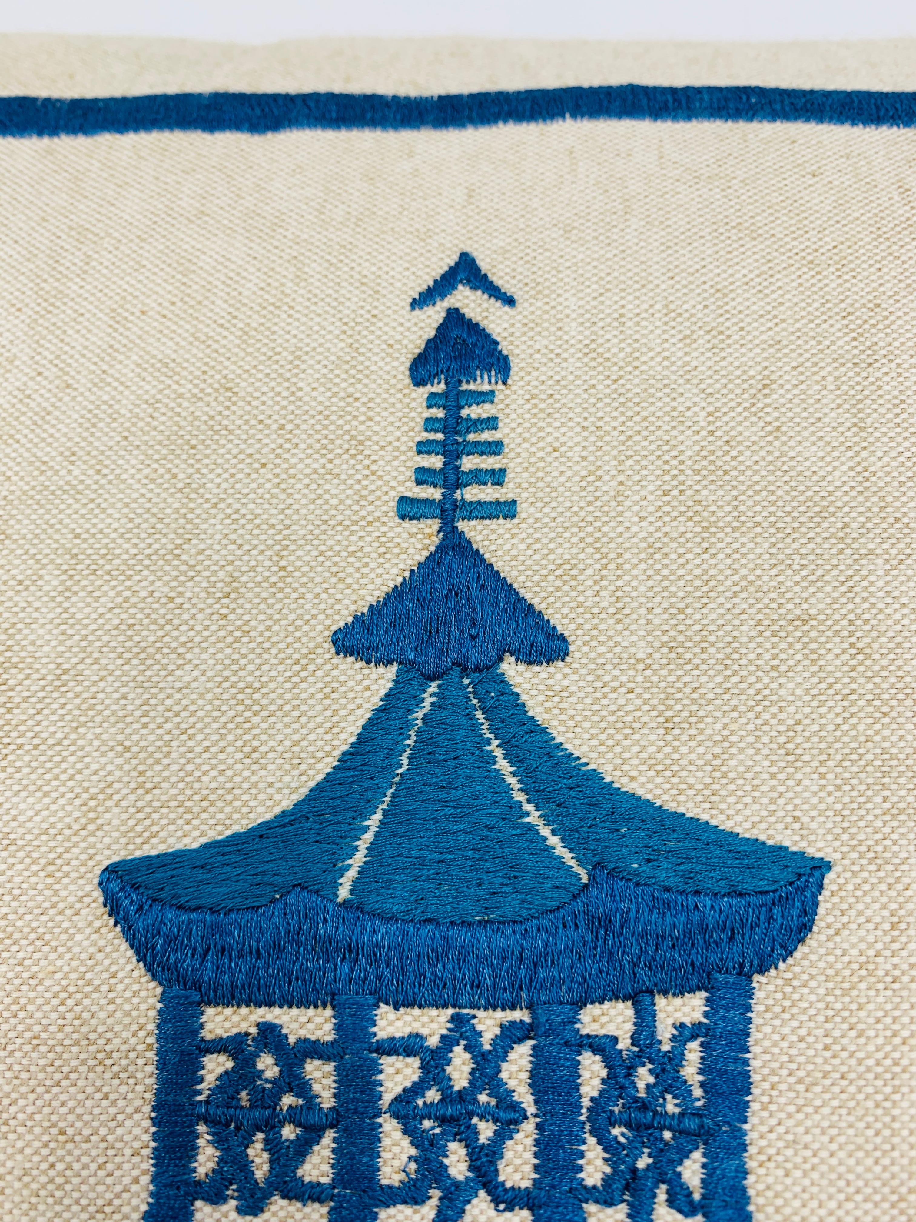Contemporary Blue Pagoda Embroidery on Linen Pillow, Custom