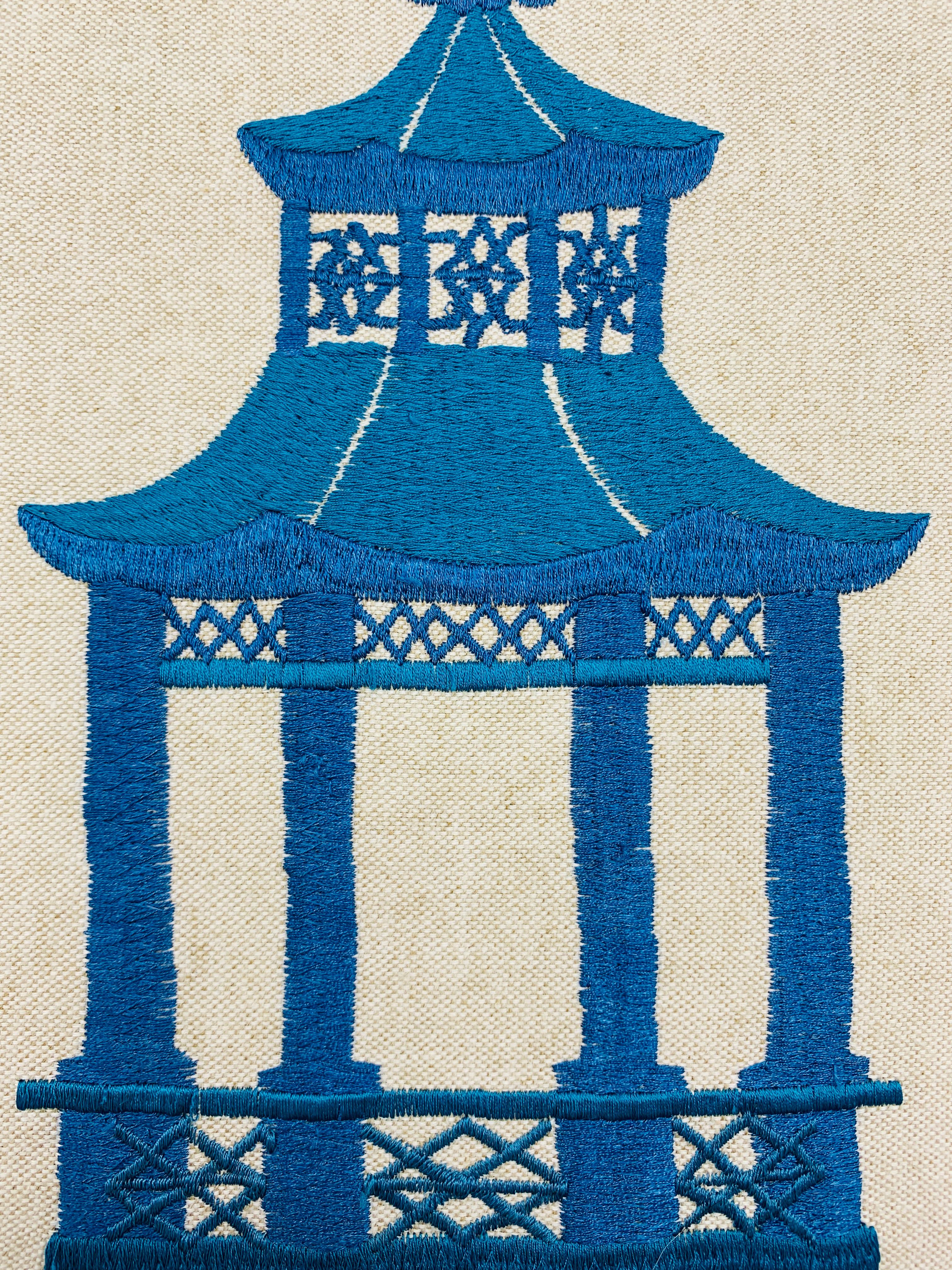 Blue Pagoda Embroidery on Linen Pillow, Custom 1