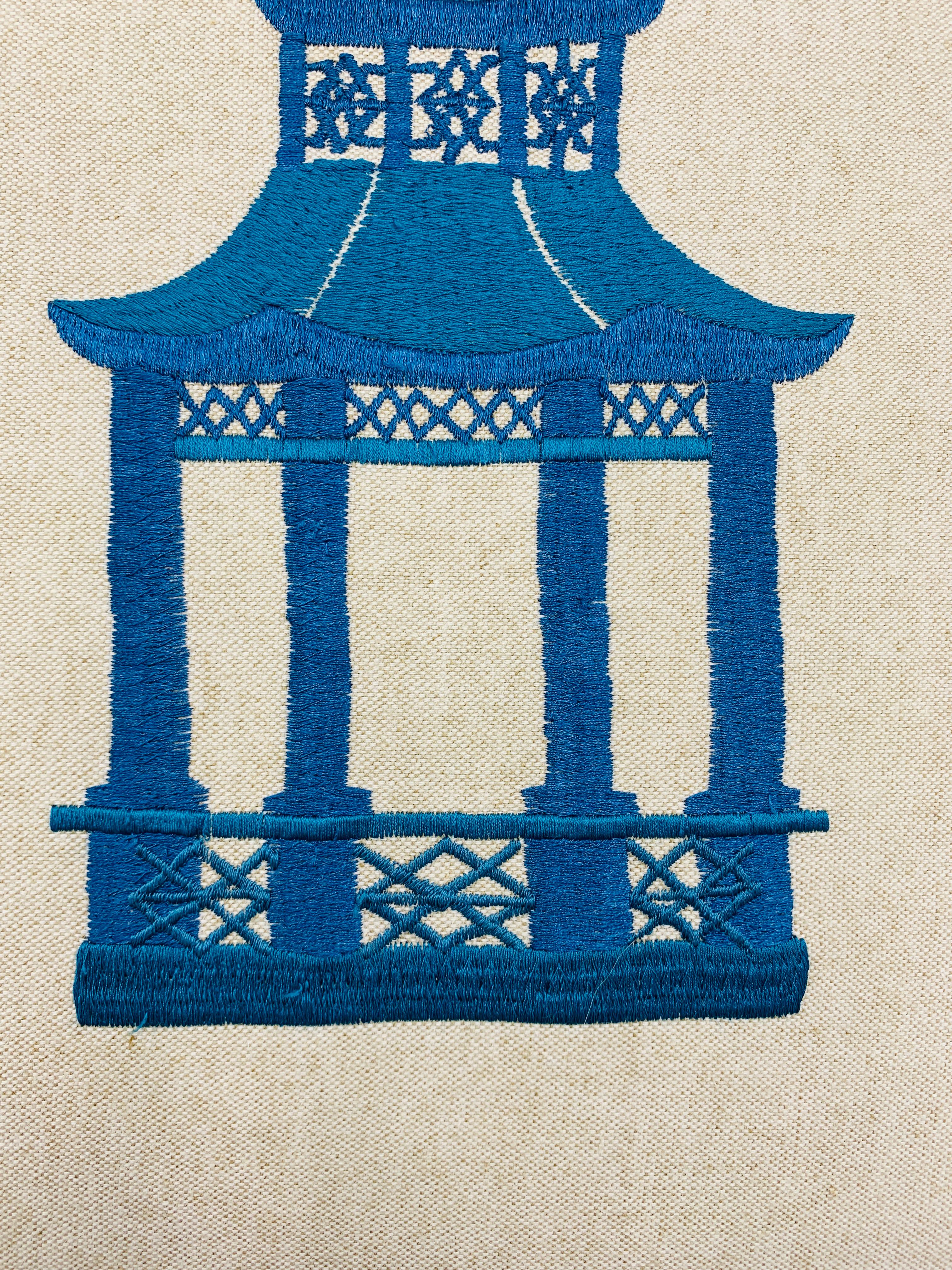 Blue Pagoda Embroidery on Linen Pillow, Custom 2