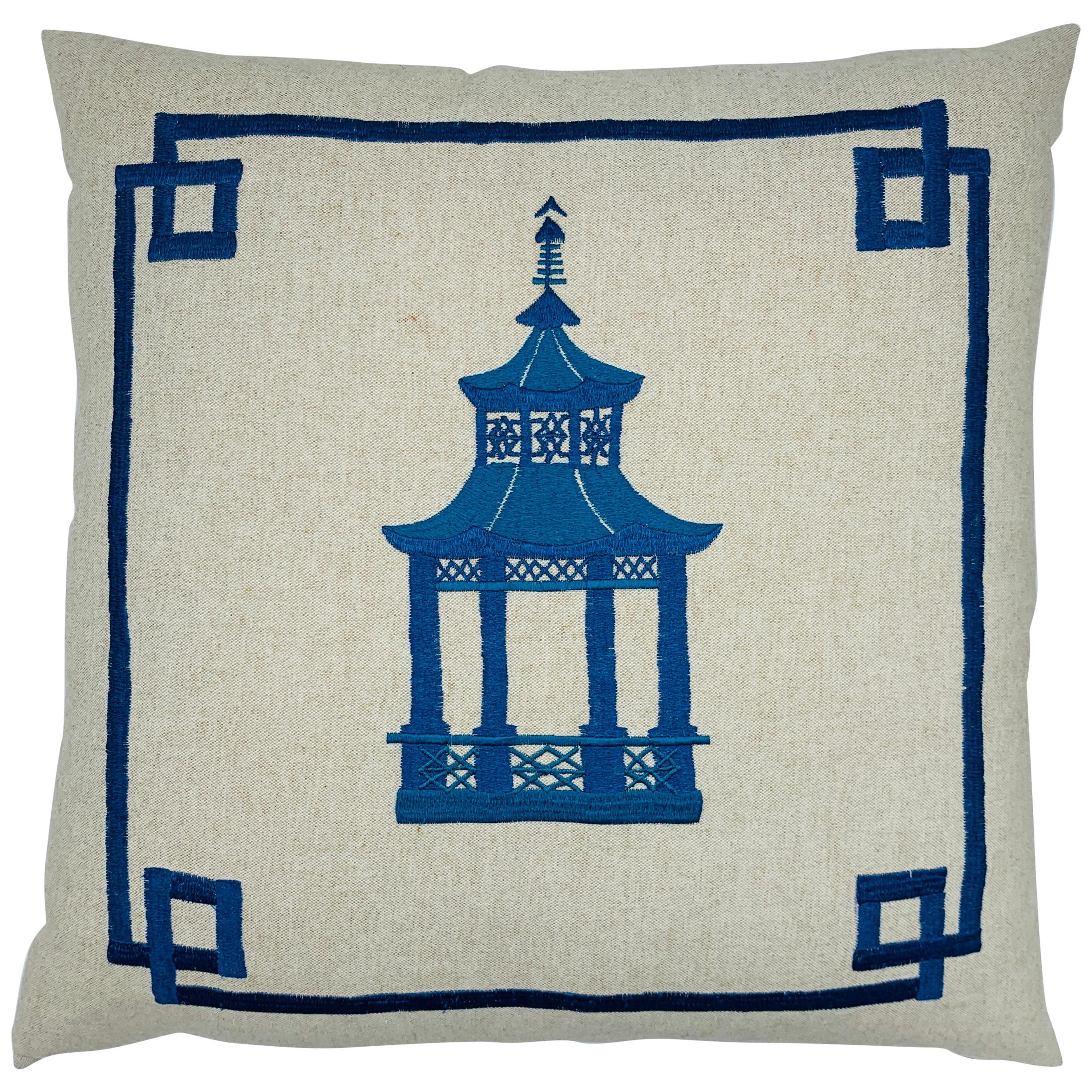 Blue Pagoda Embroidery on Linen Pillow, Custom