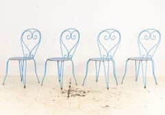 Blue Paint French Pierced Seat & Heart Garden Chairs, Set of 4 Mid 20th C