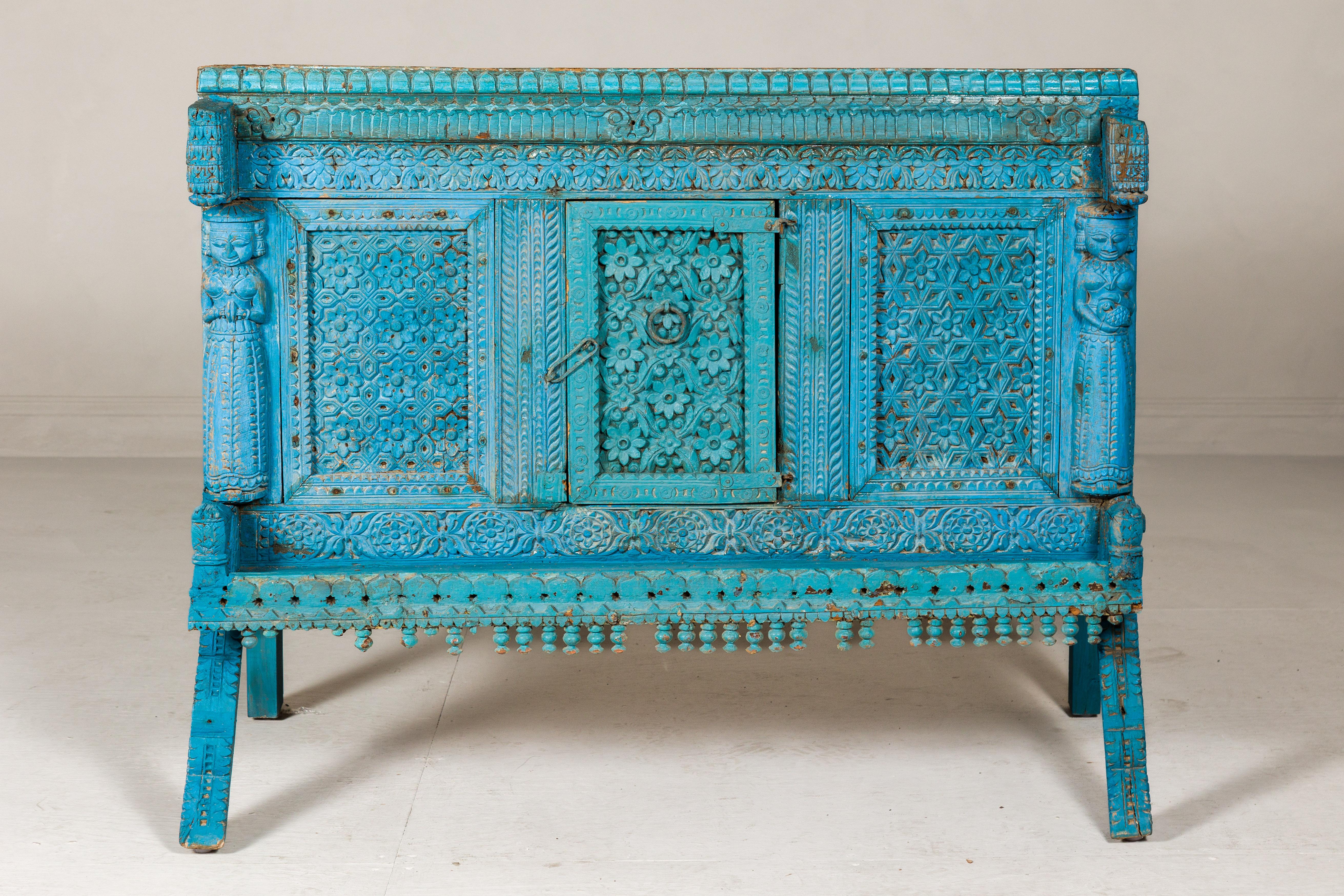 Blue Painted Antique Indian Damachiya Wedding Cabinet on Legs with Carved Décor 5