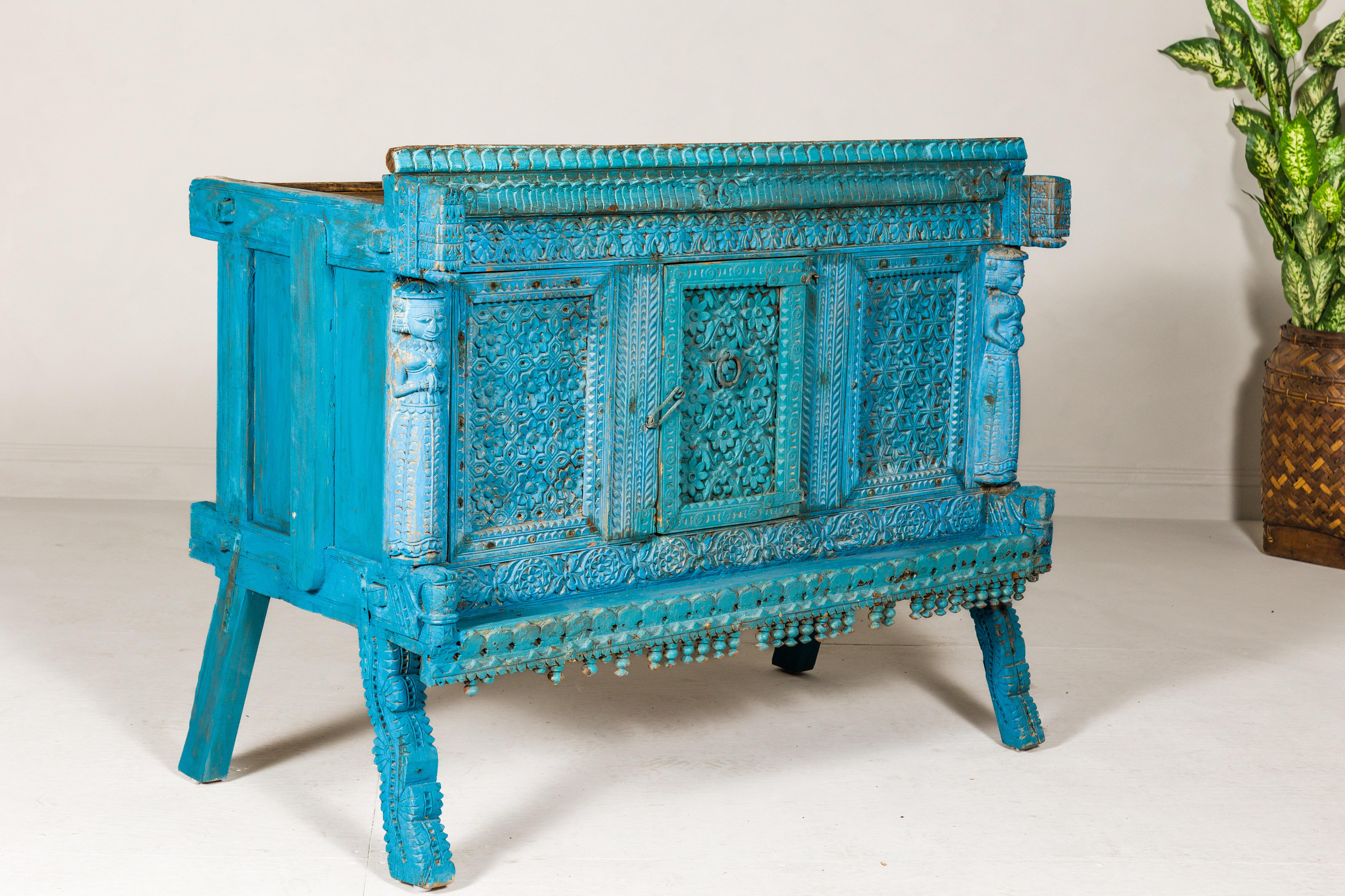 Blue Painted Antique Indian Damachiya Wedding Cabinet on Legs with Carved Décor 6