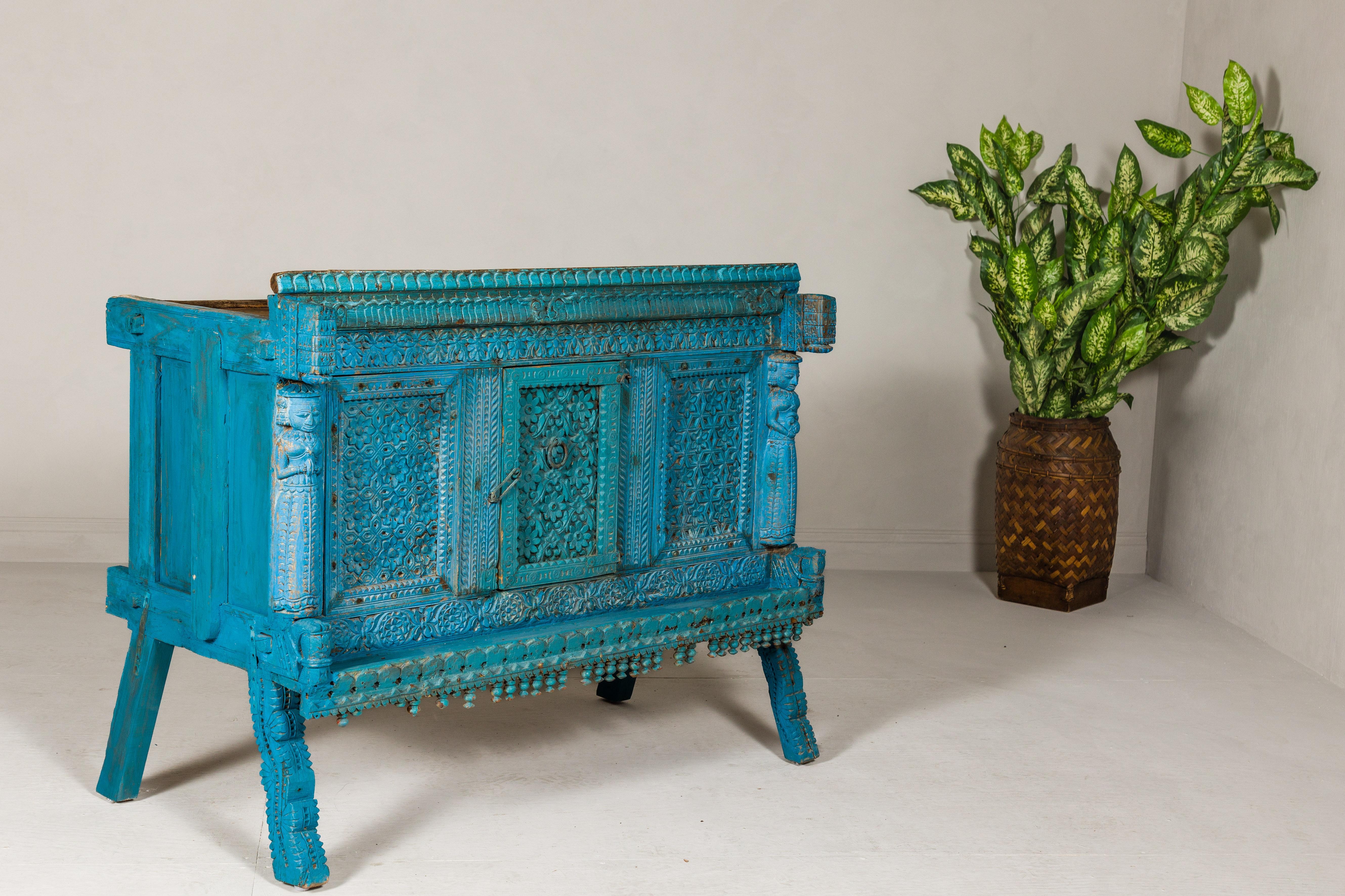 Blue Painted Antique Indian Damachiya Wedding Cabinet on Legs with Carved Décor 7